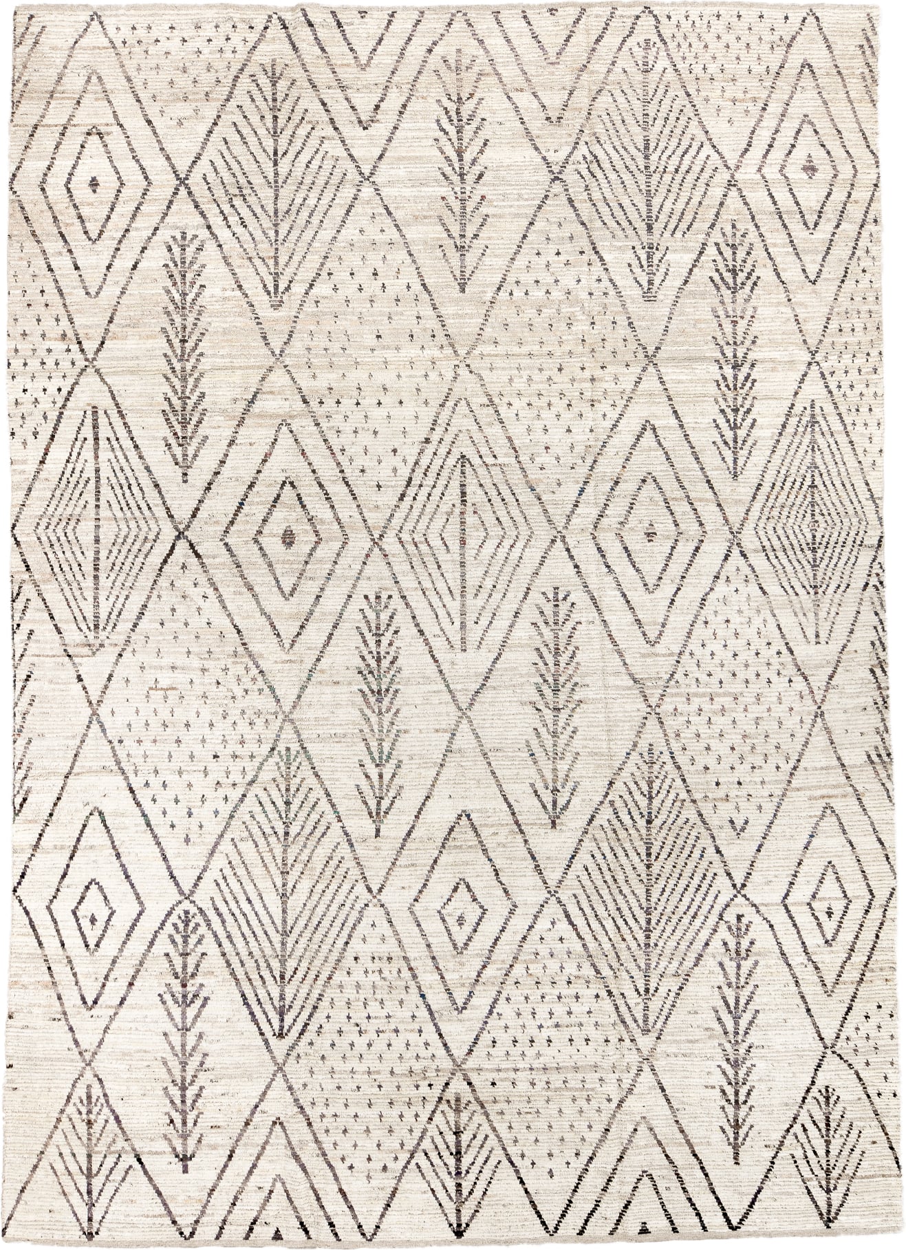 9' x 14' one-of-a-kind handmade vintage Tulu large size rug. Color palette: ivory, charcoal, taupe, cream, gray, black