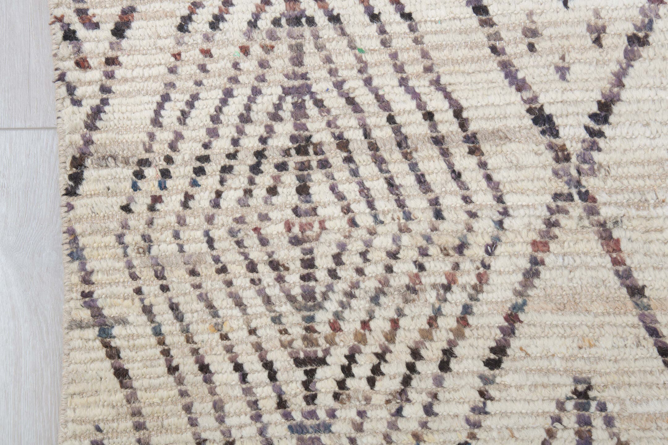 9' x 14' one-of-a-kind handmade vintage Tulu large size rug. Color palette: ivory, charcoal, taupe, cream, gray, black