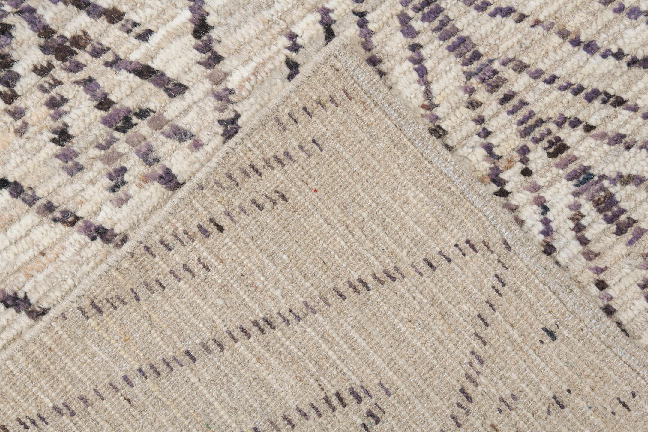 9' x 14' one-of-a-kind handmade vintage Tulu large size rug. Color palette: gray, light gray, linen, off-white, pink, silver