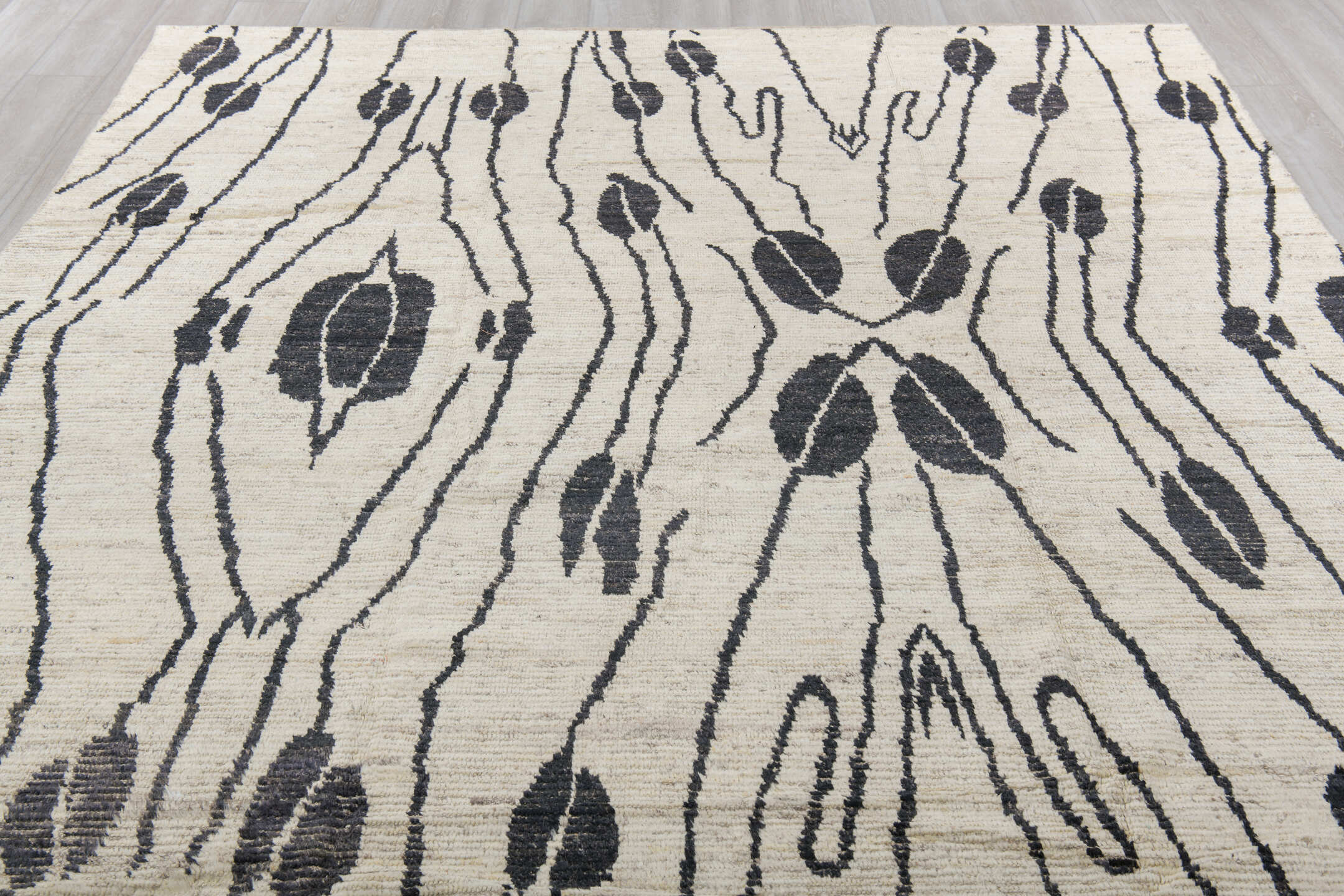 8' x 10' one-of-a-kind handmade vintage Tulu large size rug. Color palette: black, blue, charcoal, dark gray, dim gray