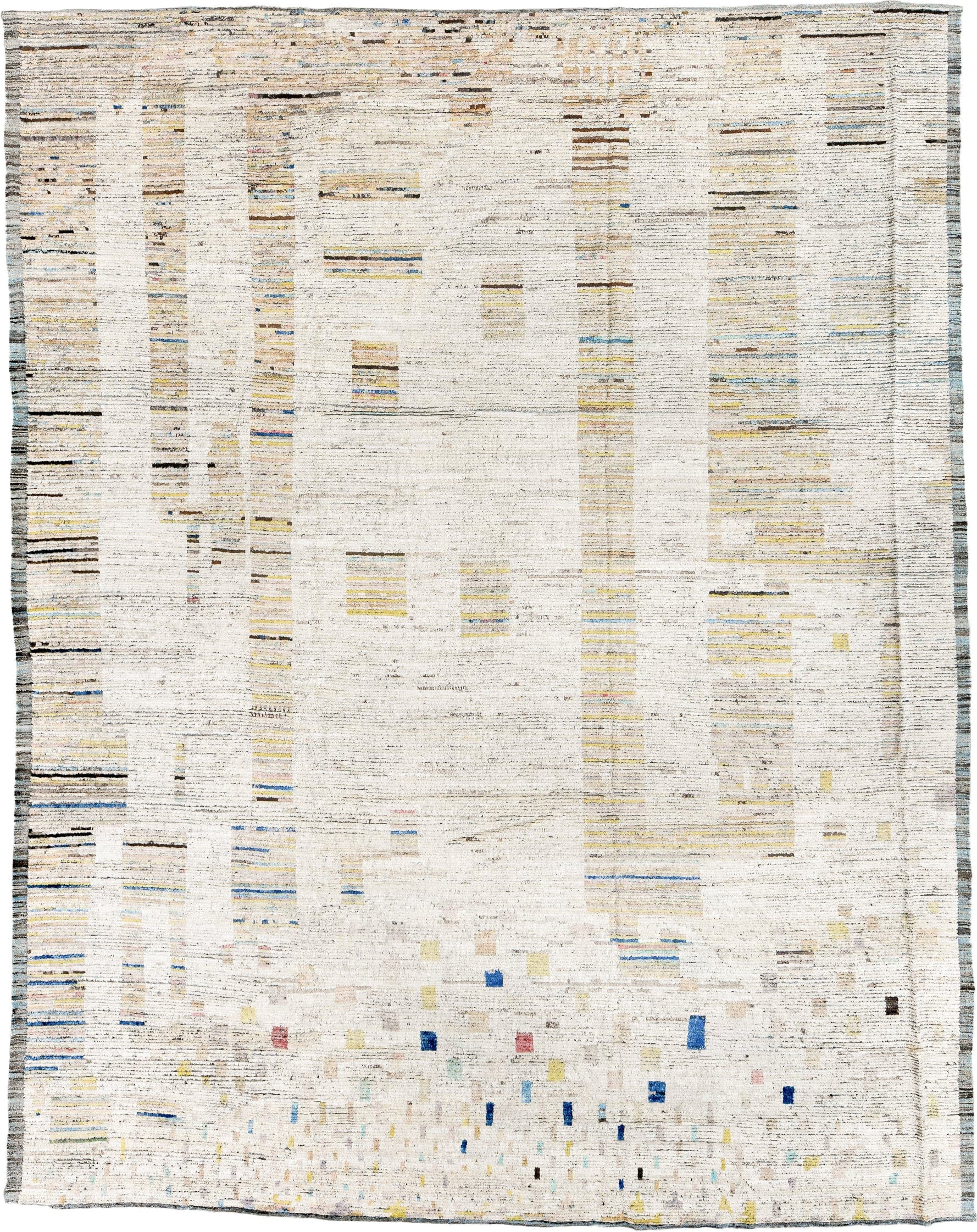 10' x 13' one-of-a-kind handmade vintage Tulu large size rug. Color palette: ivory, charcoal, cobalt, pale yellow, taupe