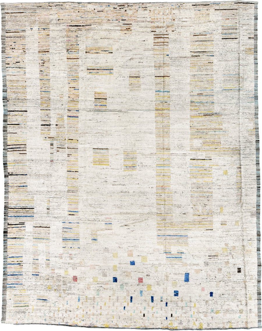 10' x 13' one-of-a-kind handmade vintage Tulu large size rug. Color palette: ivory, charcoal, cobalt, pale yellow, taupe