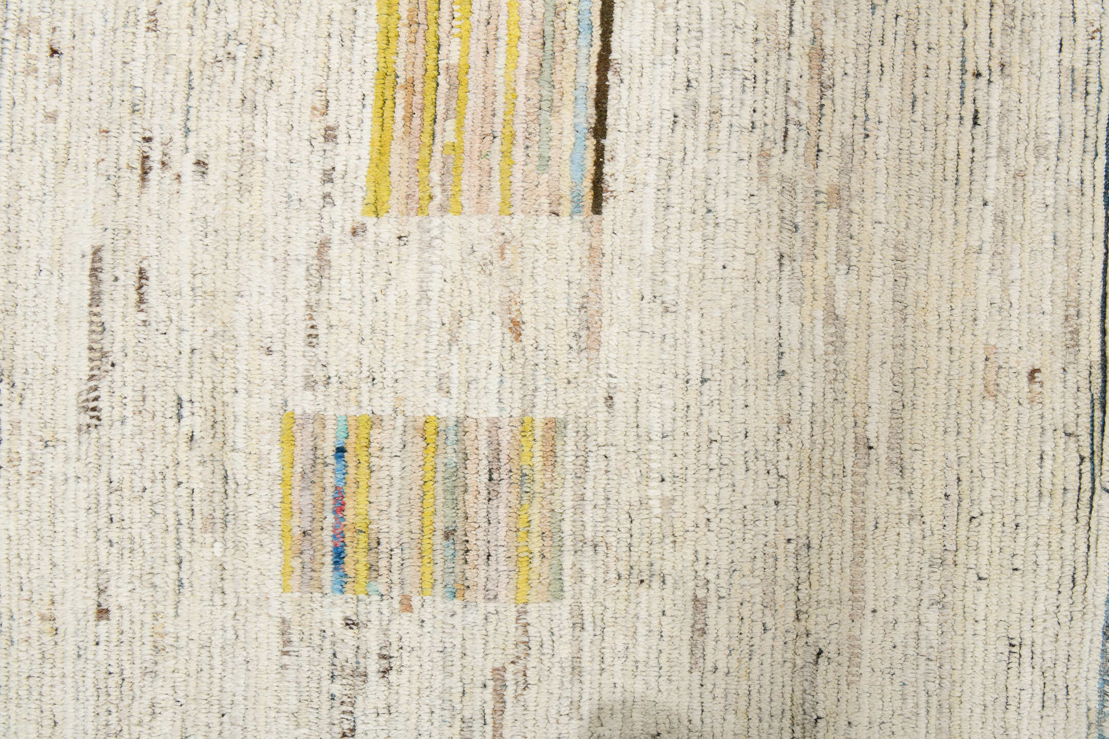 10' x 13' one-of-a-kind handmade vintage Tulu large size rug. Color palette: ivory, charcoal, cobalt, pale yellow, taupe