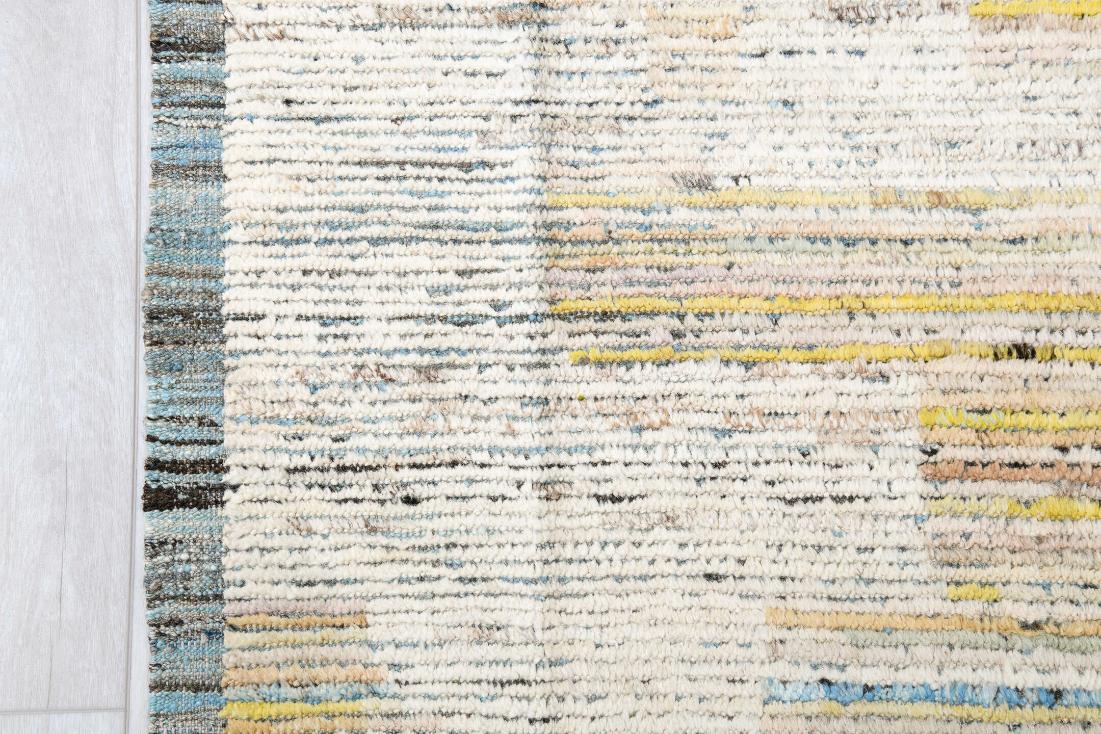 10' x 13' one-of-a-kind handmade vintage Tulu large size rug. Color palette: ivory, charcoal, cobalt, pale yellow, taupe