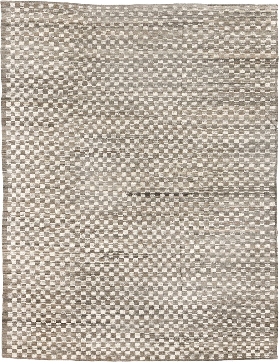 9' x 11' one-of-a-kind handmade vintage Tulu large size rug. Color palette: taupe, ivory, beige, gray