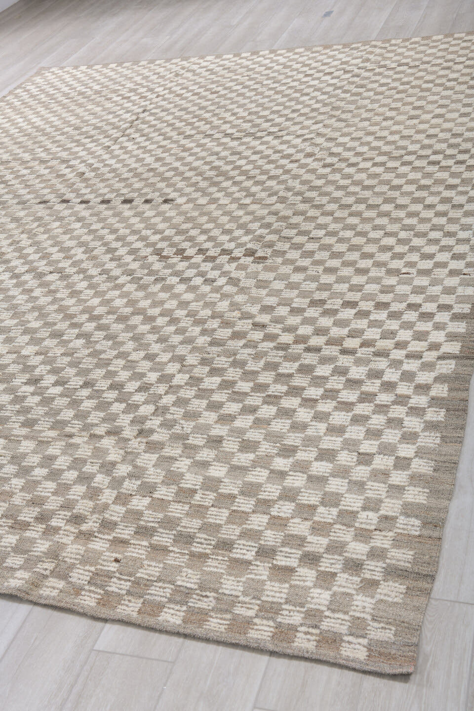 9' x 11' one-of-a-kind handmade vintage Tulu large size rug. Color palette: taupe, ivory, beige, gray
