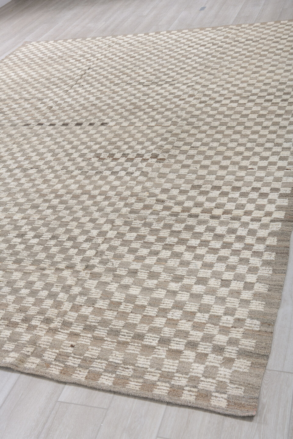 9' x 11' one-of-a-kind handmade vintage Tulu large size rug. Color palette: taupe, ivory, beige, gray