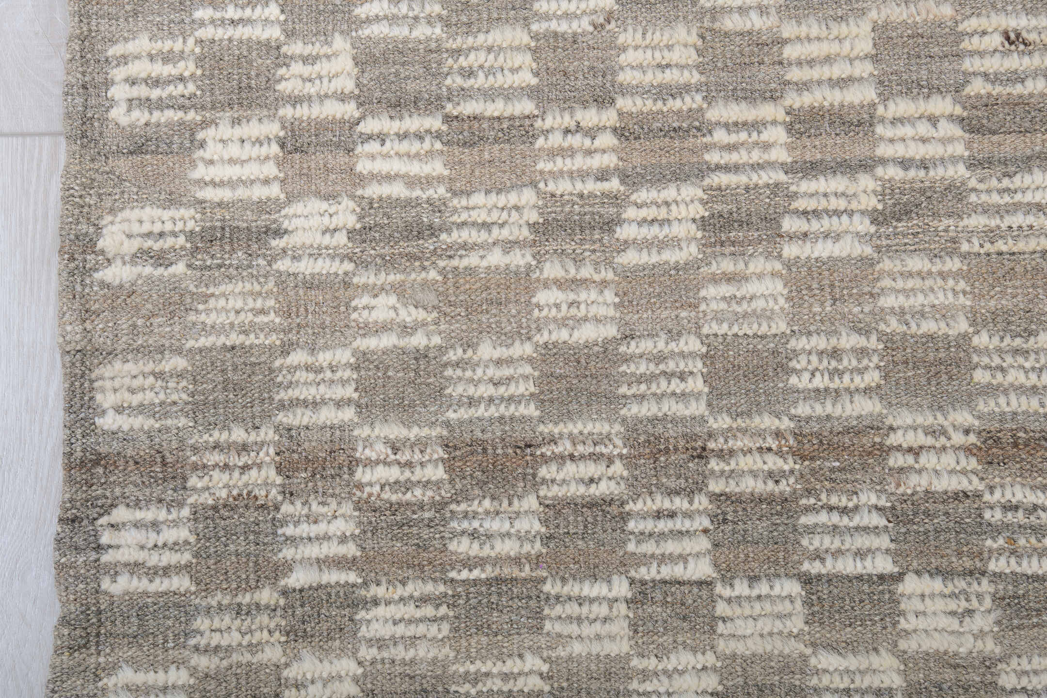 9' x 11' one-of-a-kind handmade vintage Tulu large size rug. Color palette: taupe, ivory, beige, gray