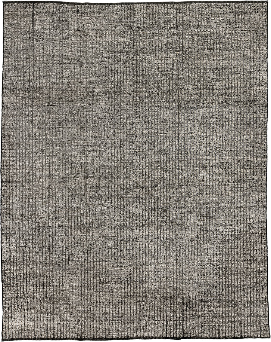 9' x 11' one-of-a-kind handmade vintage Tulu large size rug. Color palette: ivory, charcoal, taupe, slate, cream, black
