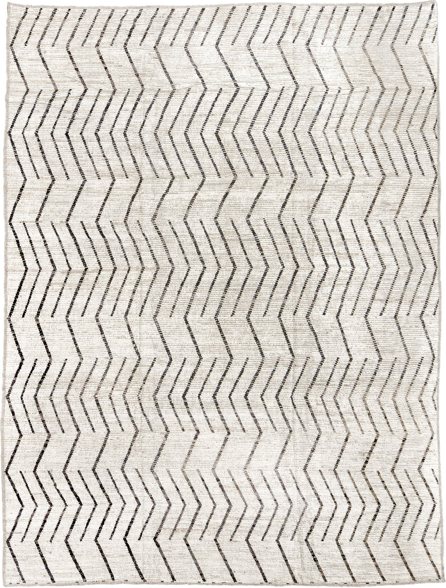 10' x 13' one-of-a-kind handmade vintage Tulu large size rug. Color palette: ivory, charcoal, cream, taupe, black, gray