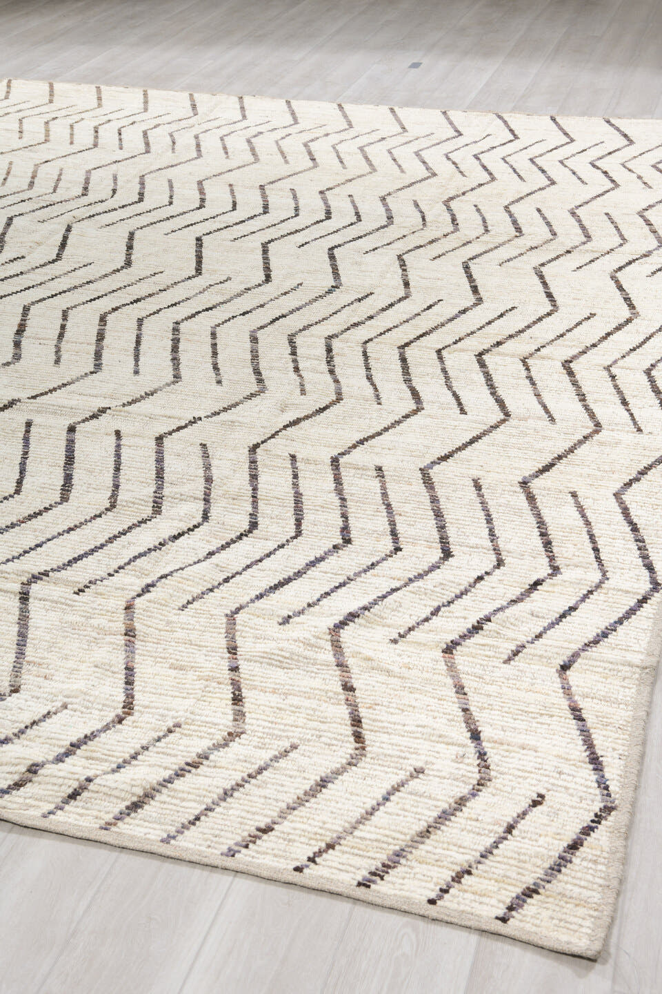 10' x 13' one-of-a-kind handmade vintage Tulu large size rug. Color palette: ivory, charcoal, cream, taupe, black, gray
