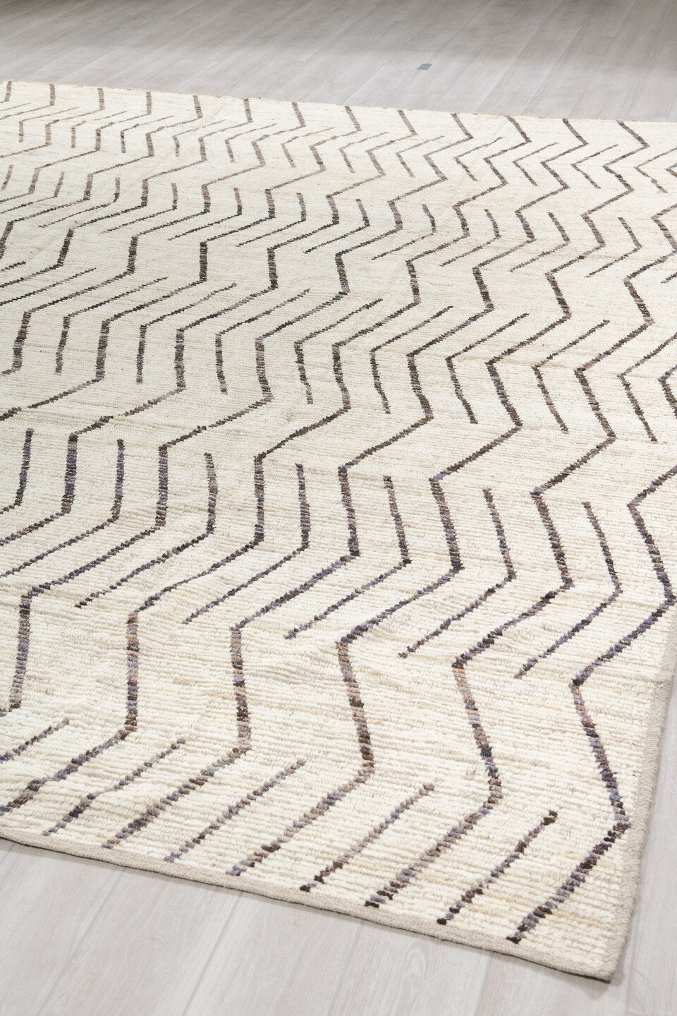 10' x 13' one-of-a-kind handmade vintage Tulu large size rug. Color palette: ivory, charcoal, cream, taupe, black, gray