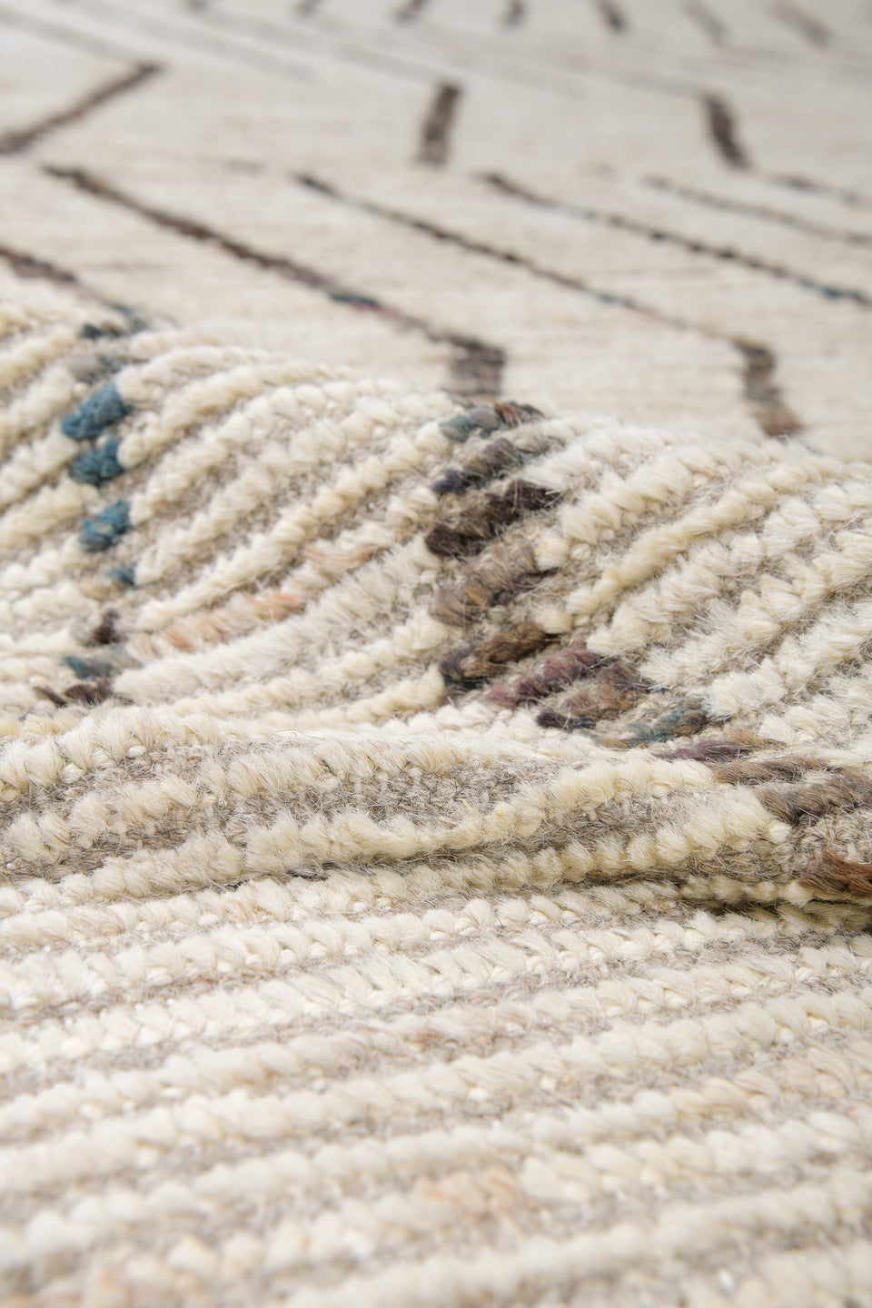 10' x 13' one-of-a-kind handmade vintage Tulu large size rug. Color palette: ivory, charcoal, cream, taupe, black, gray