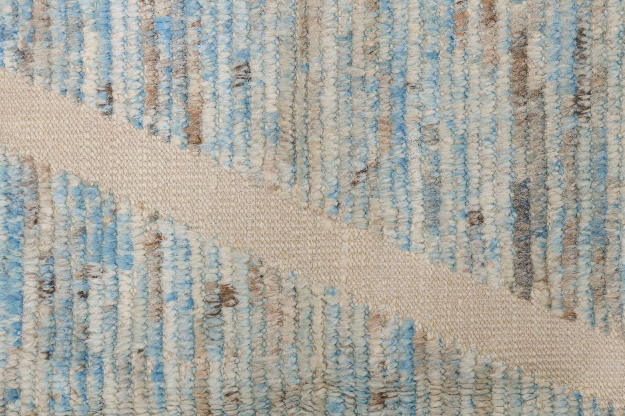 6' x 10' one-of-a-kind handmade vintage Tulu large size rug. Color palette: ivory, pale blue, taupe, gray, cream, light blue