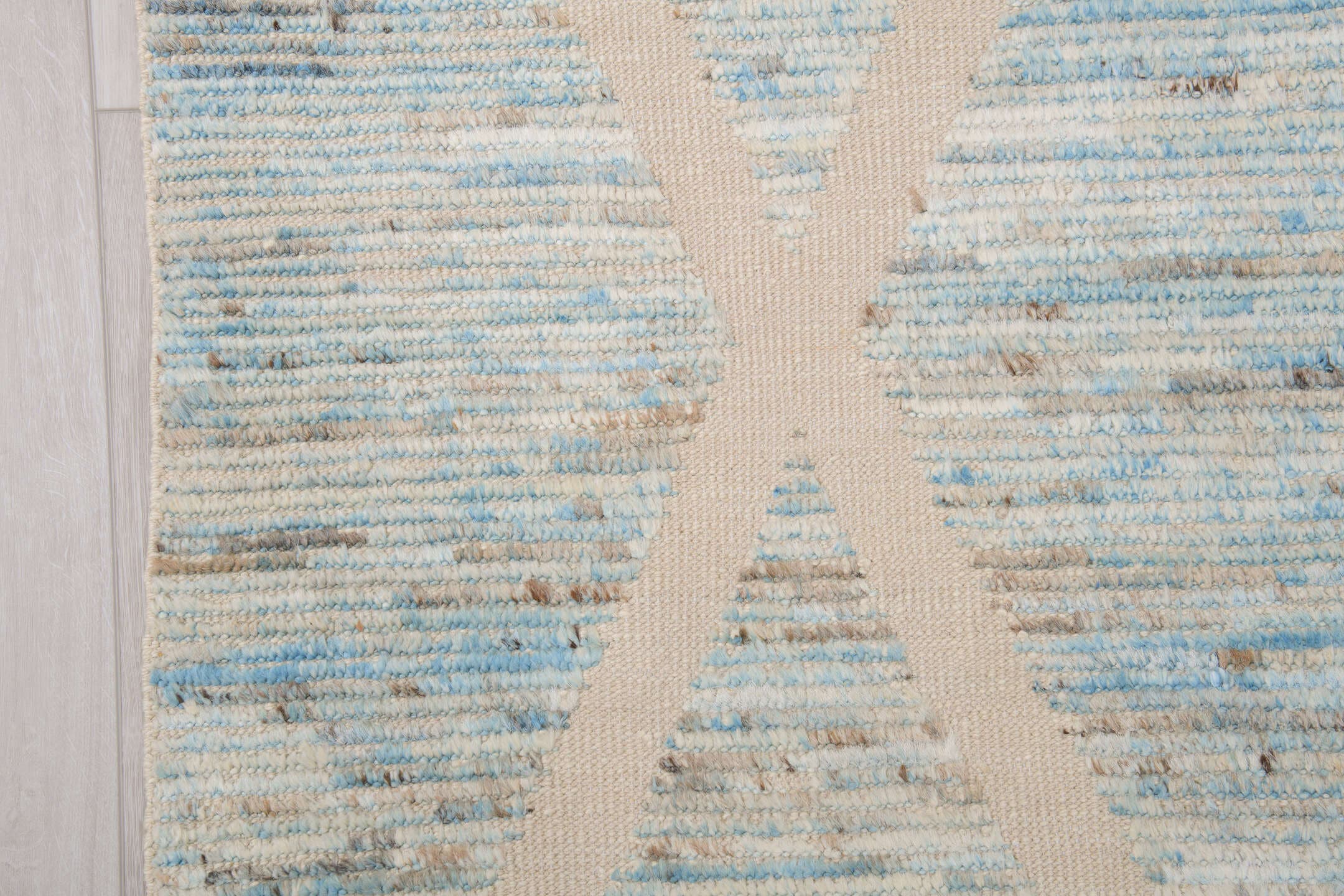 6' x 10' one-of-a-kind handmade vintage Tulu large size rug. Color palette: ivory, pale blue, taupe, gray, cream, light blue