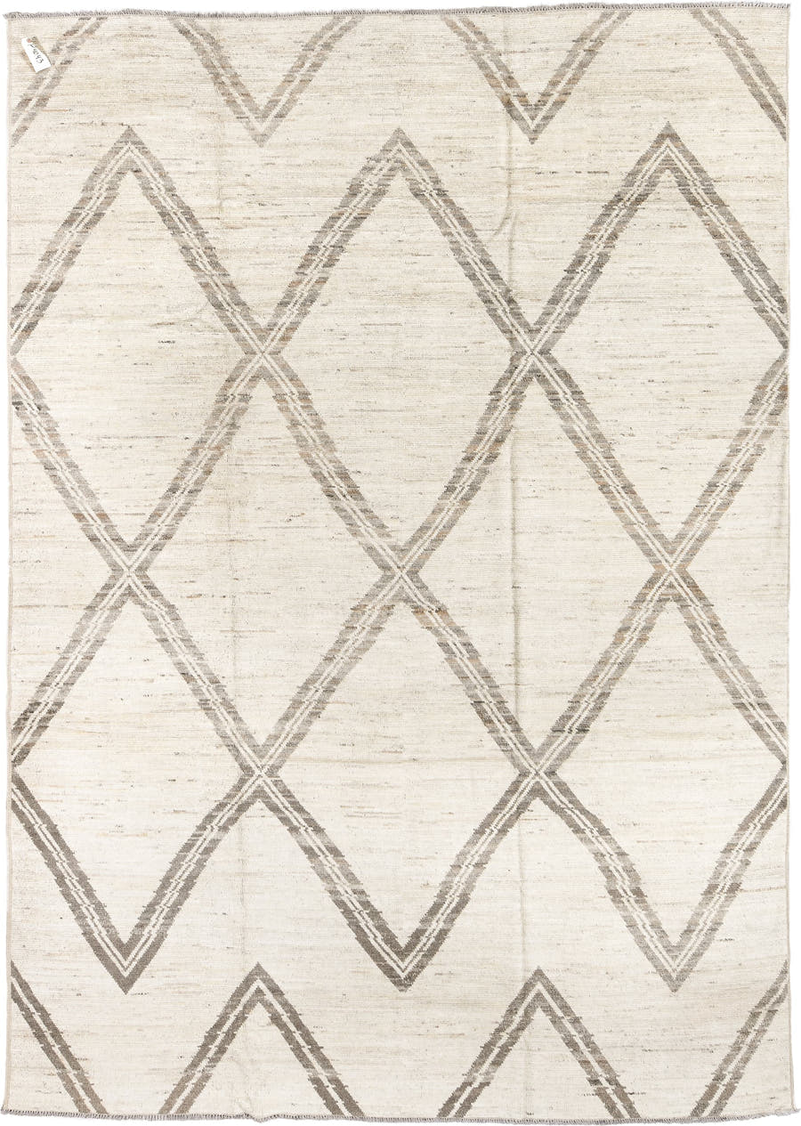 8' x 12' one-of-a-kind handmade vintage Tulu large size rug. Color palette: ivory, taupe, beige, cream, gray