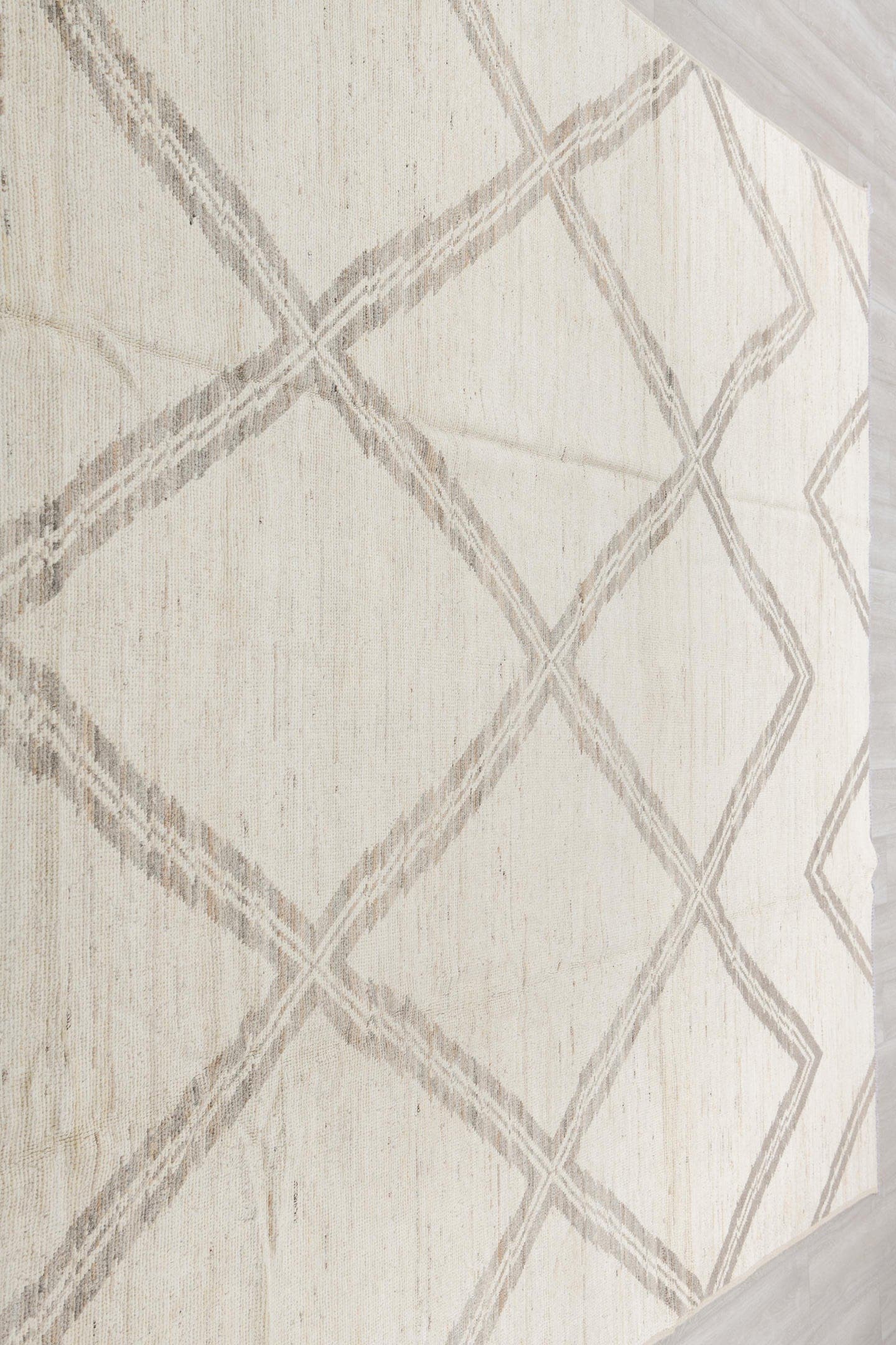 8' x 12' one-of-a-kind handmade vintage Tulu large size rug. Color palette: ivory, taupe, beige, cream, gray