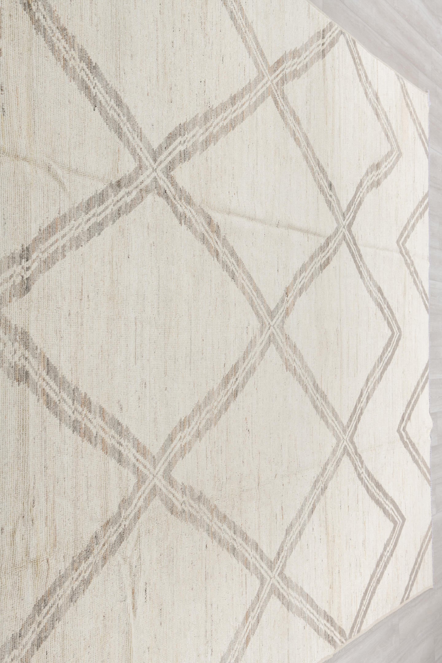 8' x 12' one-of-a-kind handmade vintage Tulu large size rug. Color palette: ivory, taupe, beige, cream, gray