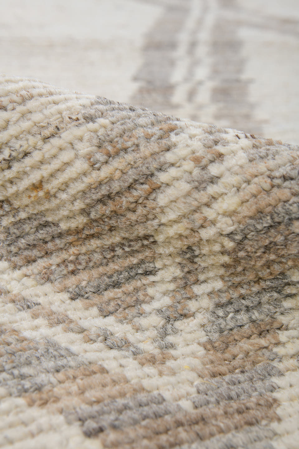 8' x 12' one-of-a-kind handmade vintage Tulu large size rug. Color palette: ivory, taupe, beige, cream, gray