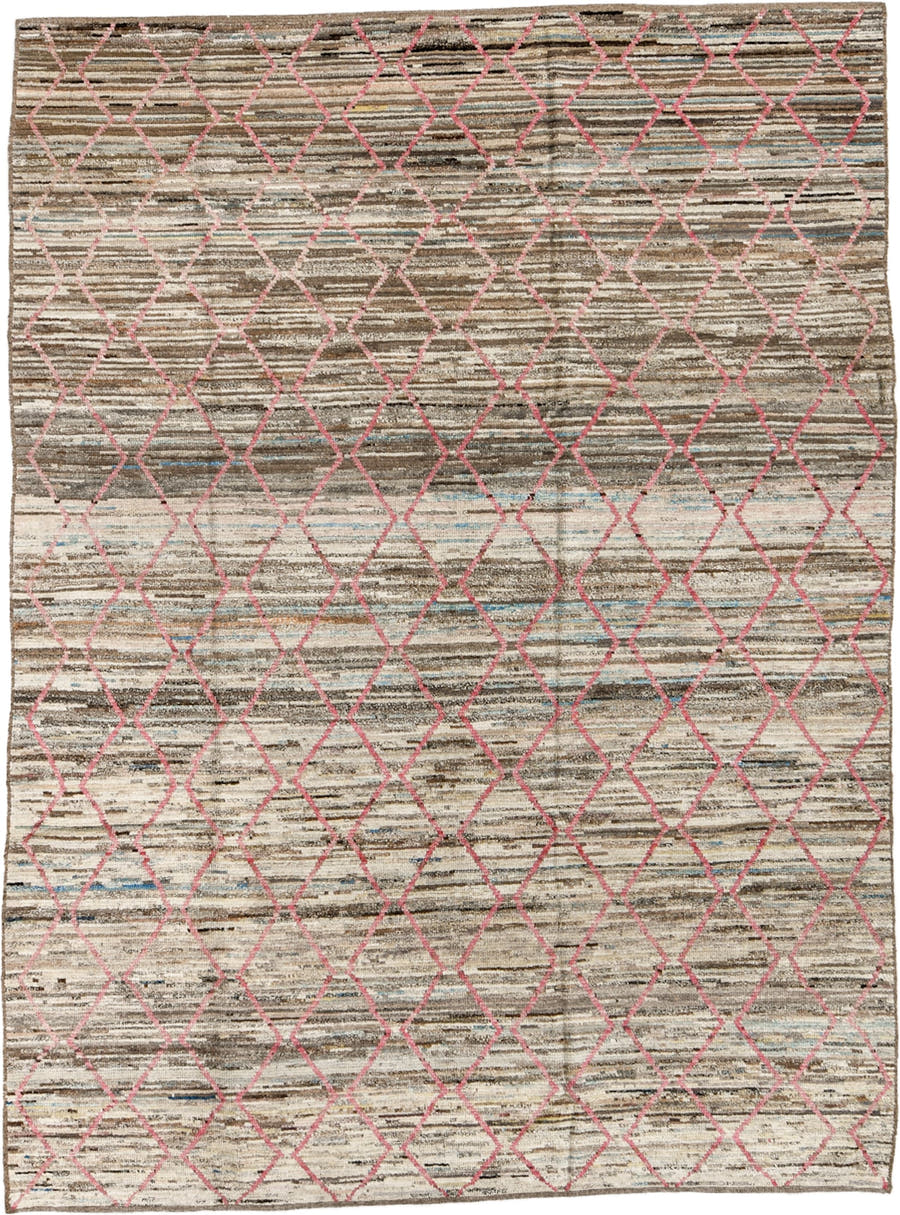 8' x 10' one-of-a-kind handmade vintage Tulu large size rug. Color palette: ivory, taupe, brown, pink, sky_blue, charcoal
