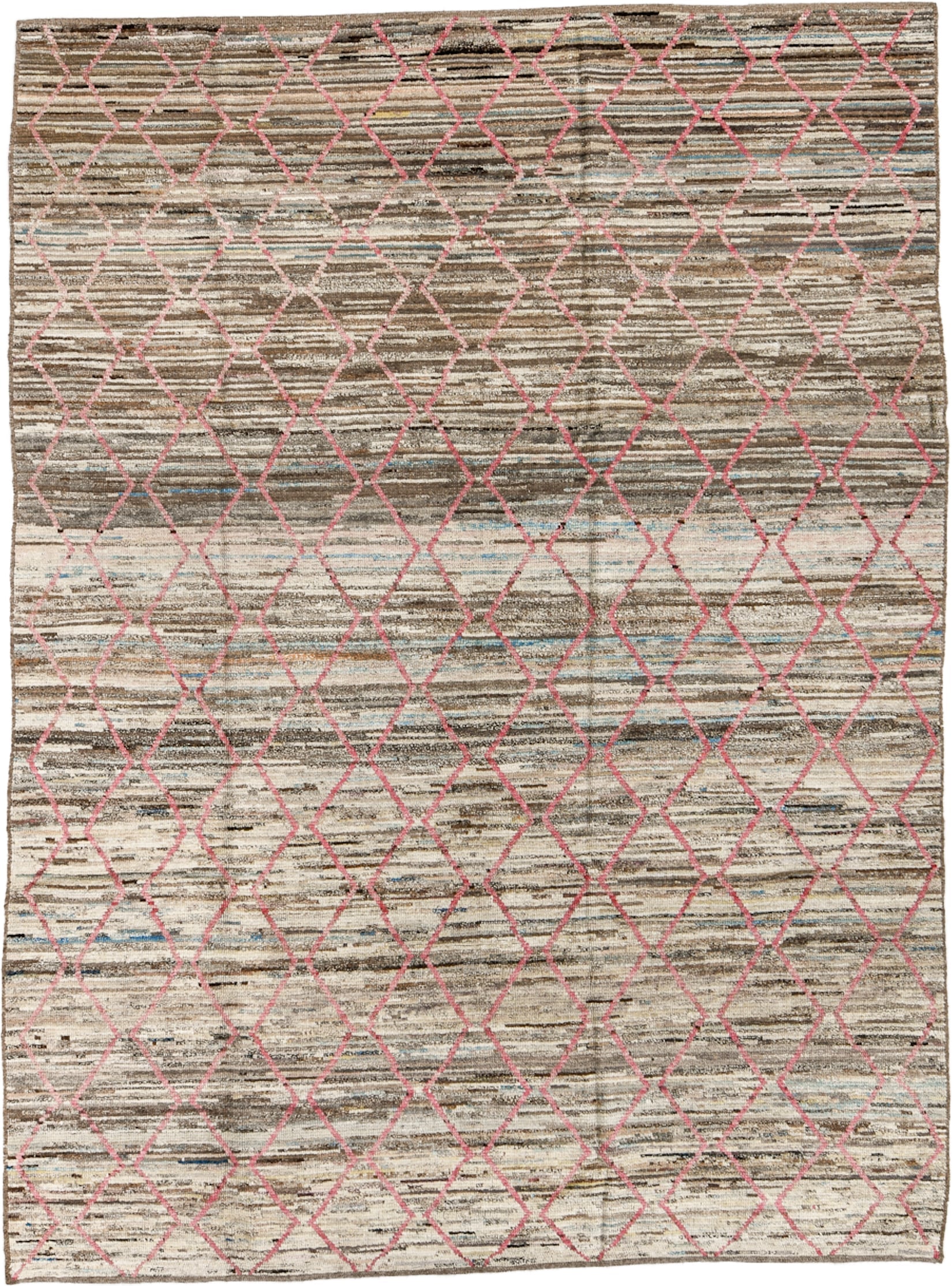 8' x 10' one-of-a-kind handmade vintage Tulu large size rug. Color palette: ivory, taupe, brown, pink, sky_blue, charcoal