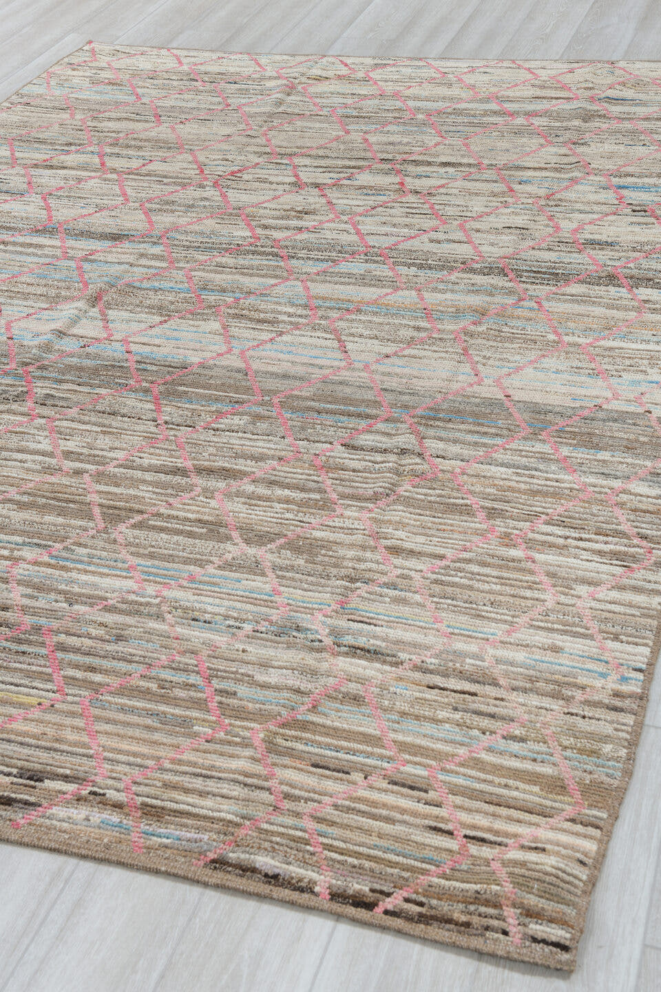 8' x 10' one-of-a-kind handmade vintage Tulu large size rug. Color palette: ivory, taupe, brown, pink, sky_blue, charcoal