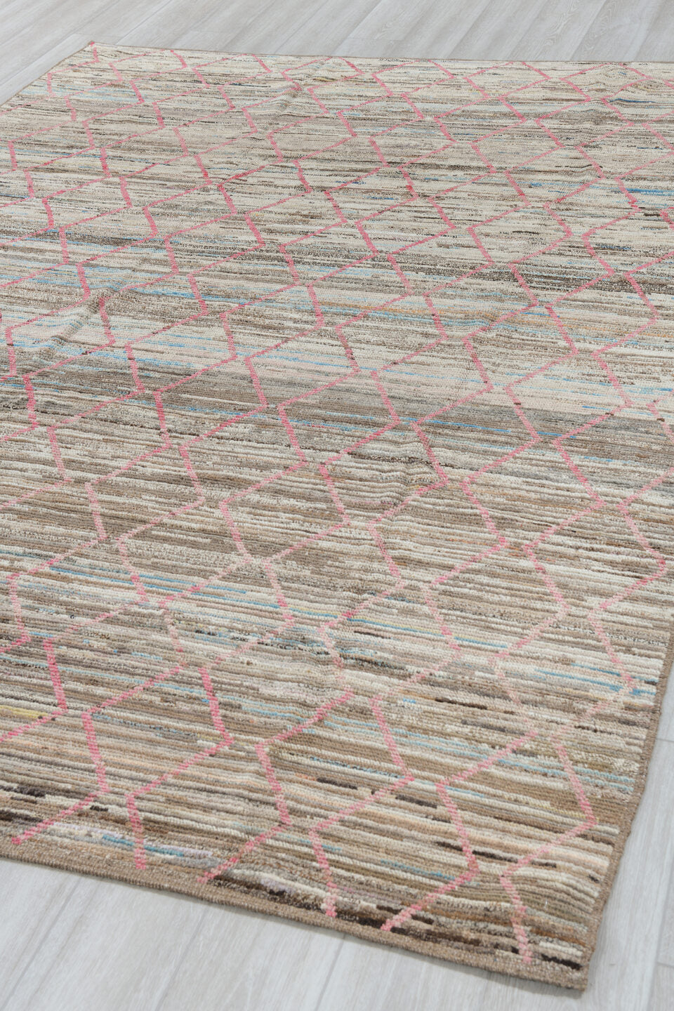 8' x 10' one-of-a-kind handmade vintage Tulu large size rug. Color palette: ivory, taupe, brown, pink, sky_blue, charcoal
