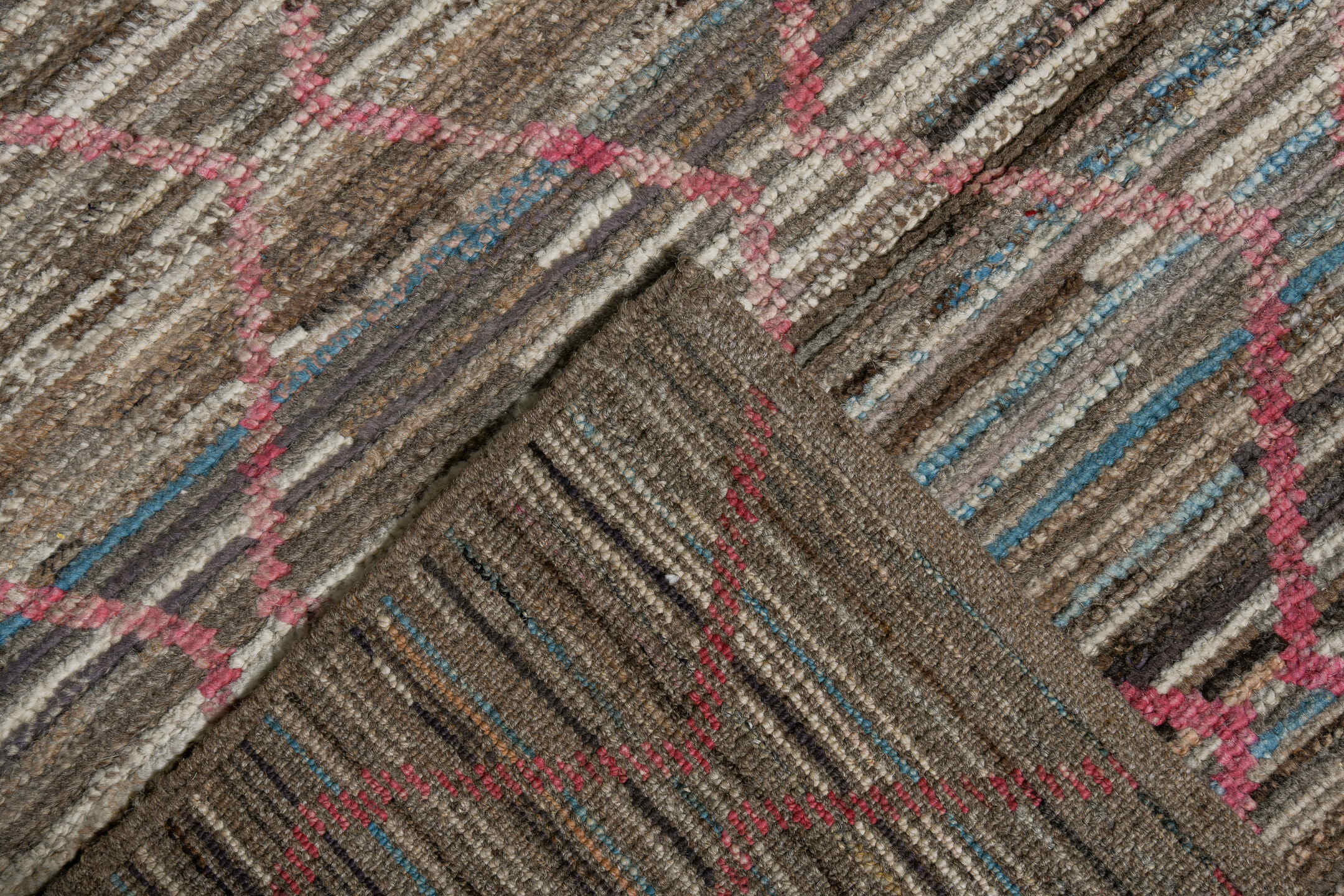 8' x 10' one-of-a-kind handmade vintage Tulu large size rug. Color palette: ivory, taupe, brown, pink, sky_blue, charcoal