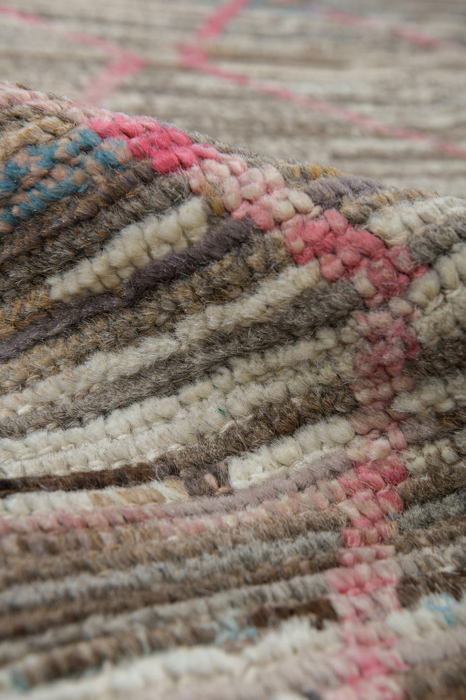8' x 10' one-of-a-kind handmade vintage Tulu large size rug. Color palette: ivory, taupe, brown, pink, sky_blue, charcoal