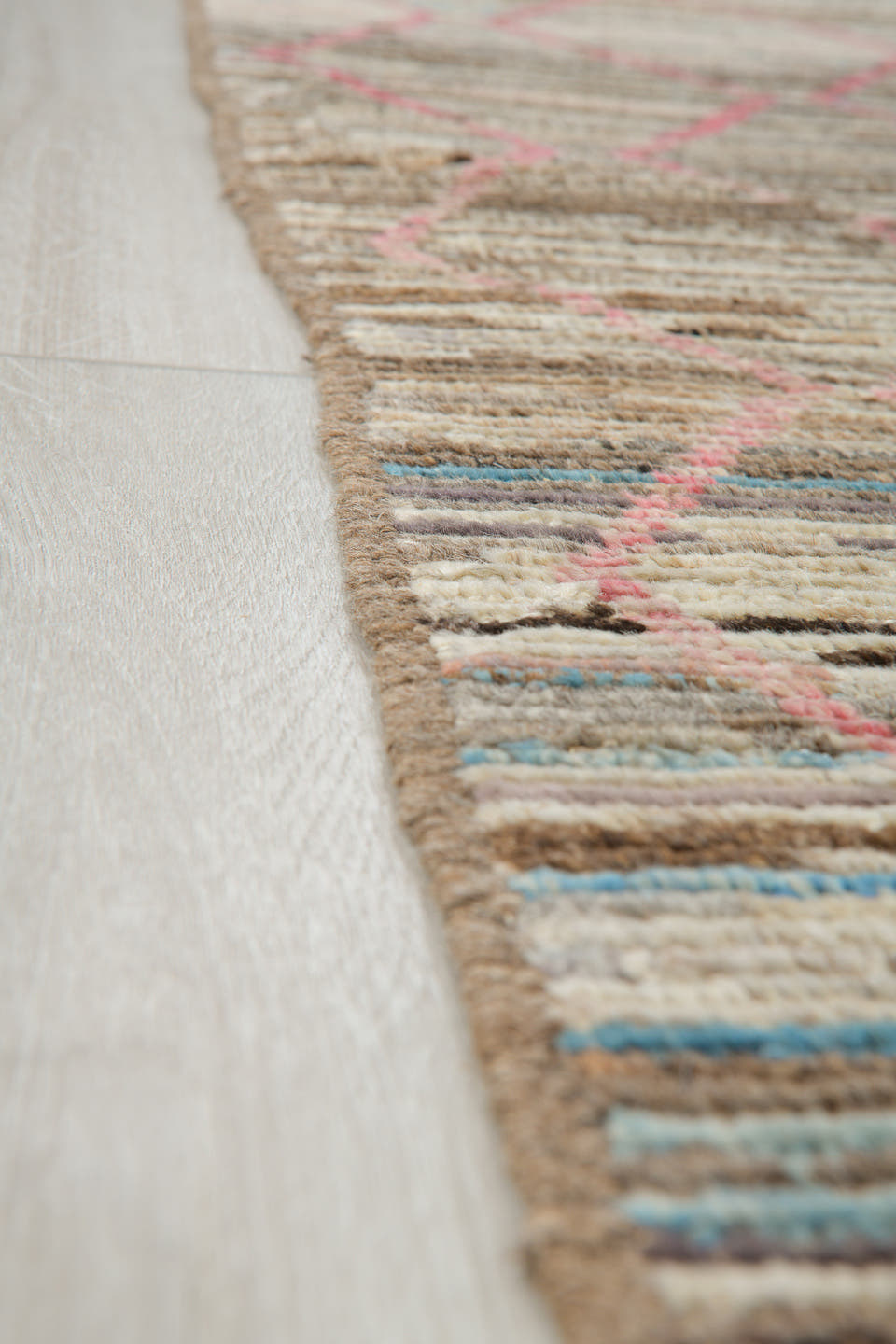 8' x 10' one-of-a-kind handmade vintage Tulu large size rug. Color palette: ivory, taupe, brown, pink, sky_blue, charcoal