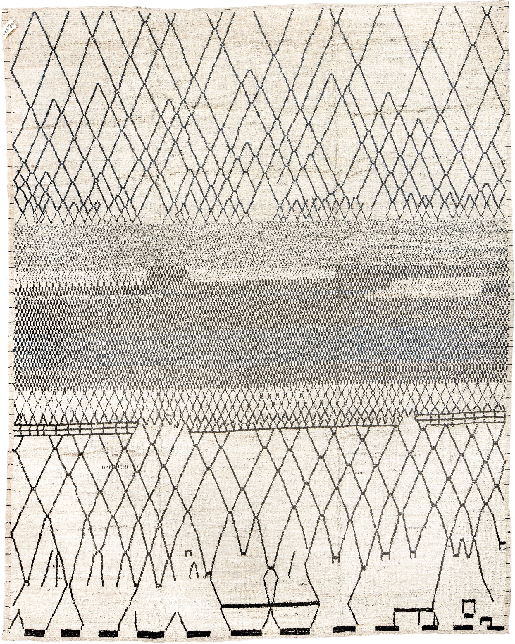 9' x 12' one-of-a-kind handmade vintage Tulu large size rug. Color palette: ivory, charcoal, taupe, cream, slate, gray