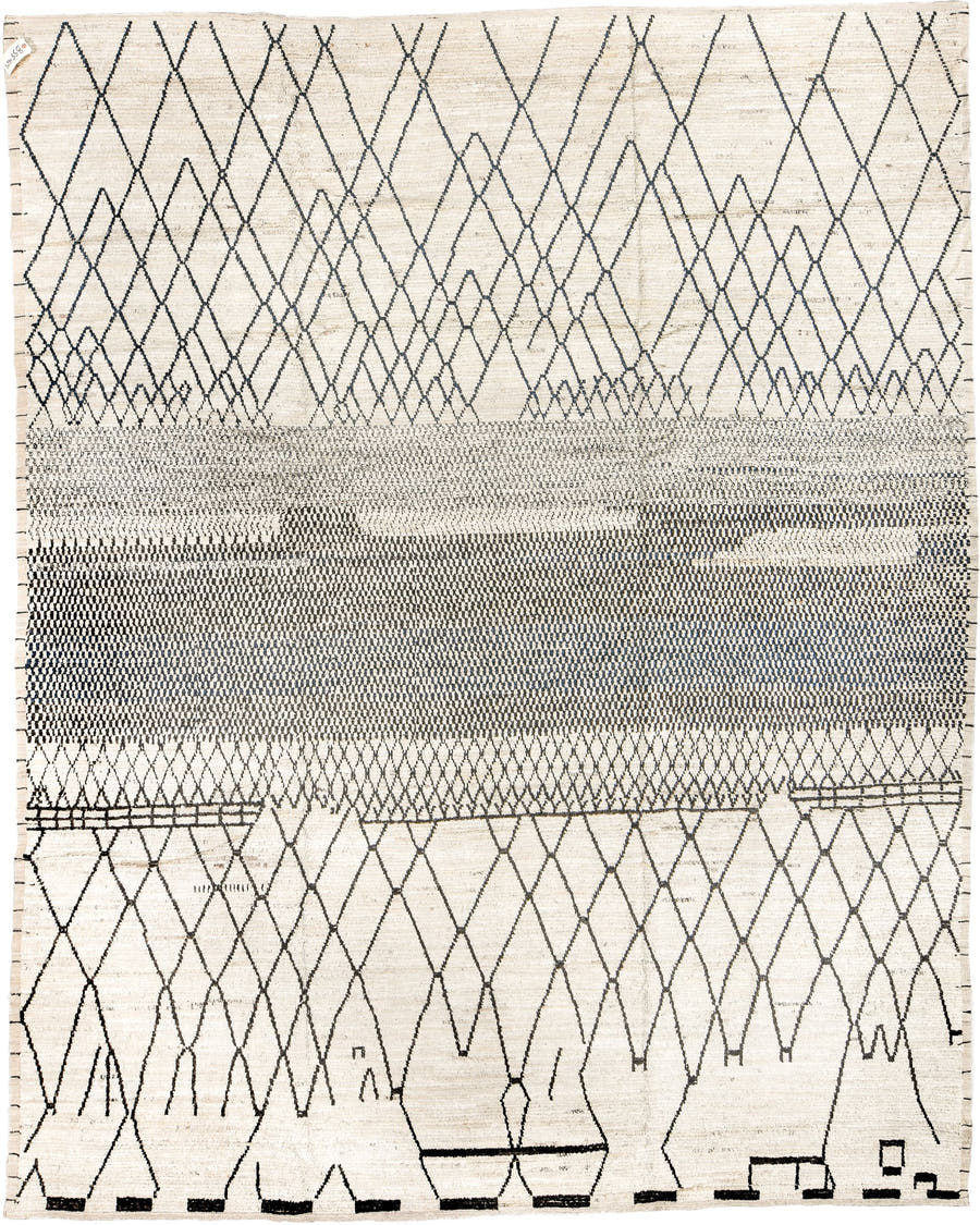 9' x 12' one-of-a-kind handmade vintage Tulu large size rug. Color palette: ivory, charcoal, taupe, cream, slate, gray