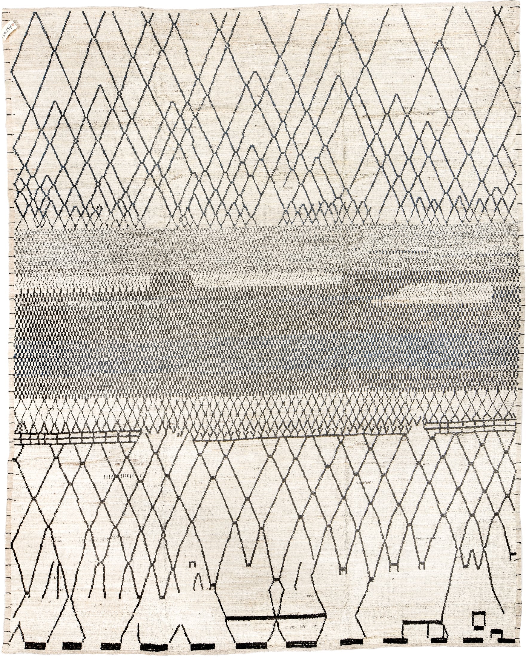 9' x 12' one-of-a-kind handmade vintage Tulu large size rug. Color palette: ivory, charcoal, taupe, cream, slate, gray