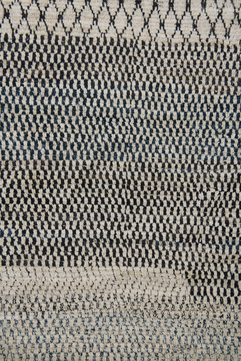 9' x 12' one-of-a-kind handmade vintage Tulu large size rug. Color palette: ivory, charcoal, taupe, cream, slate, gray