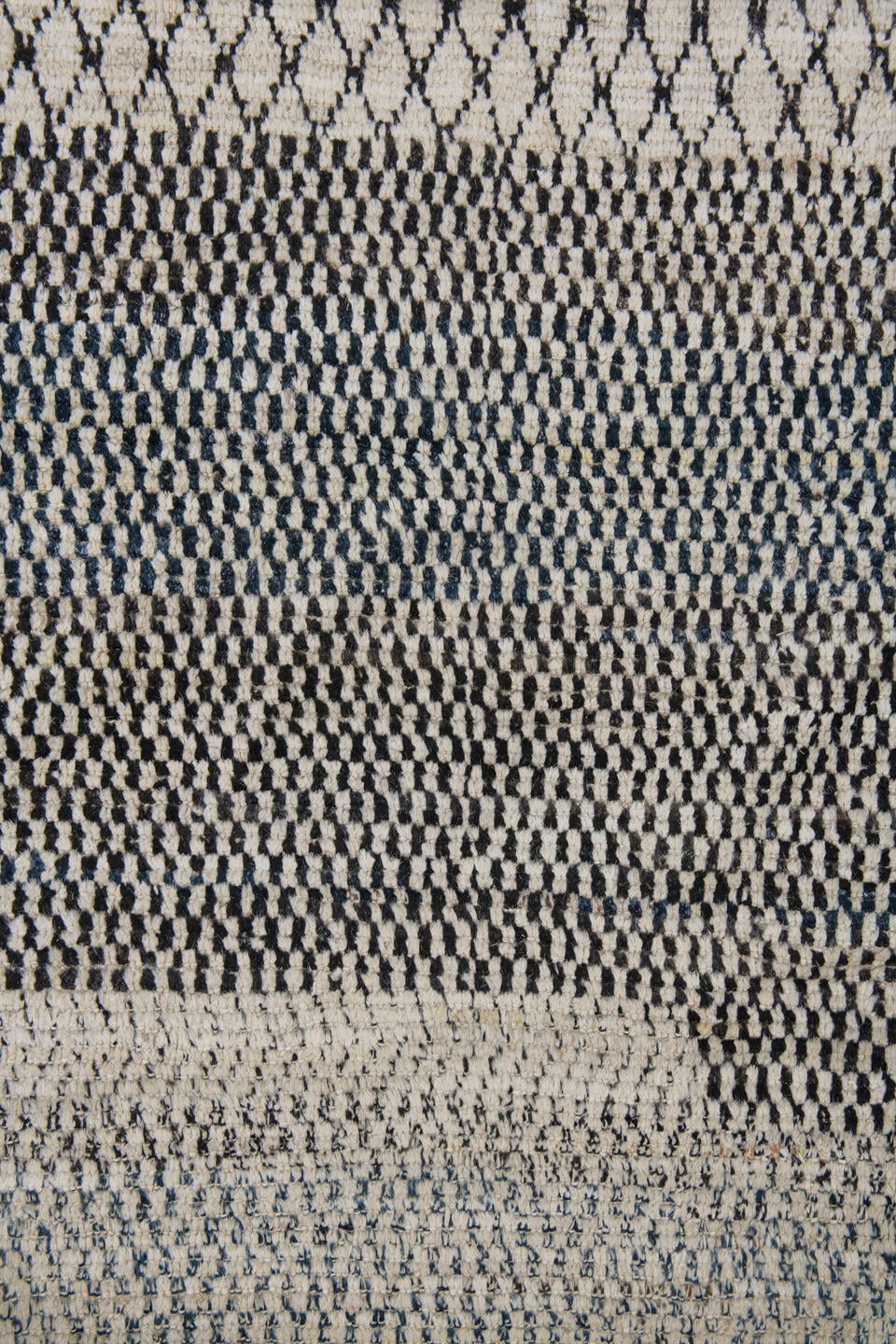 9' x 12' one-of-a-kind handmade vintage Tulu large size rug. Color palette: ivory, charcoal, taupe, cream, slate, gray