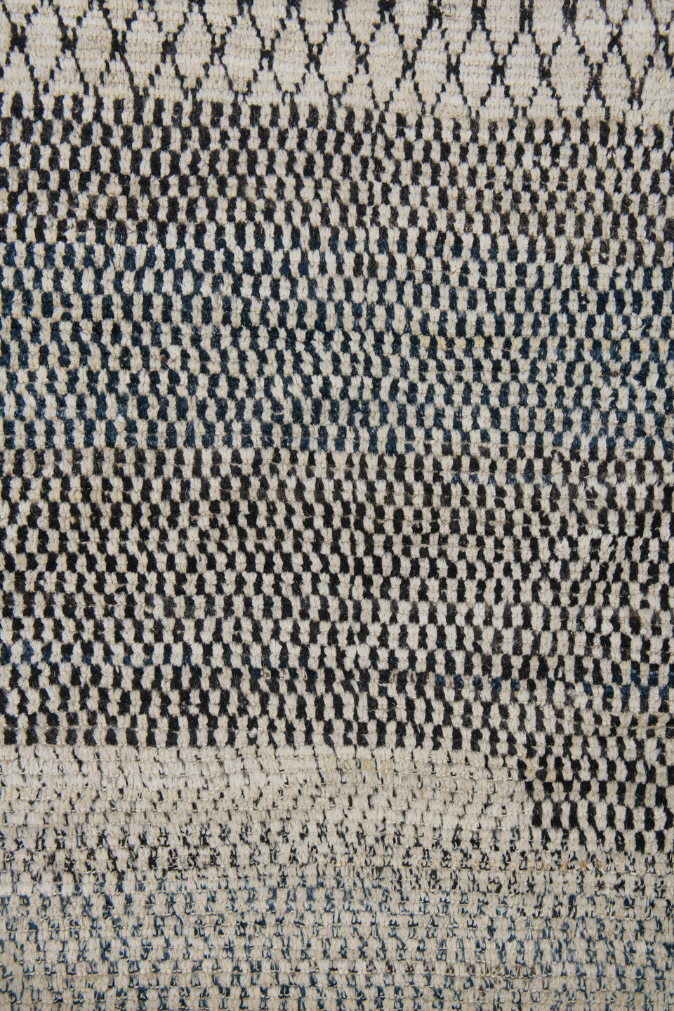 9' x 12' one-of-a-kind handmade vintage Tulu large size rug. Color palette: black, blue, charcoal, dark gray, dim gray