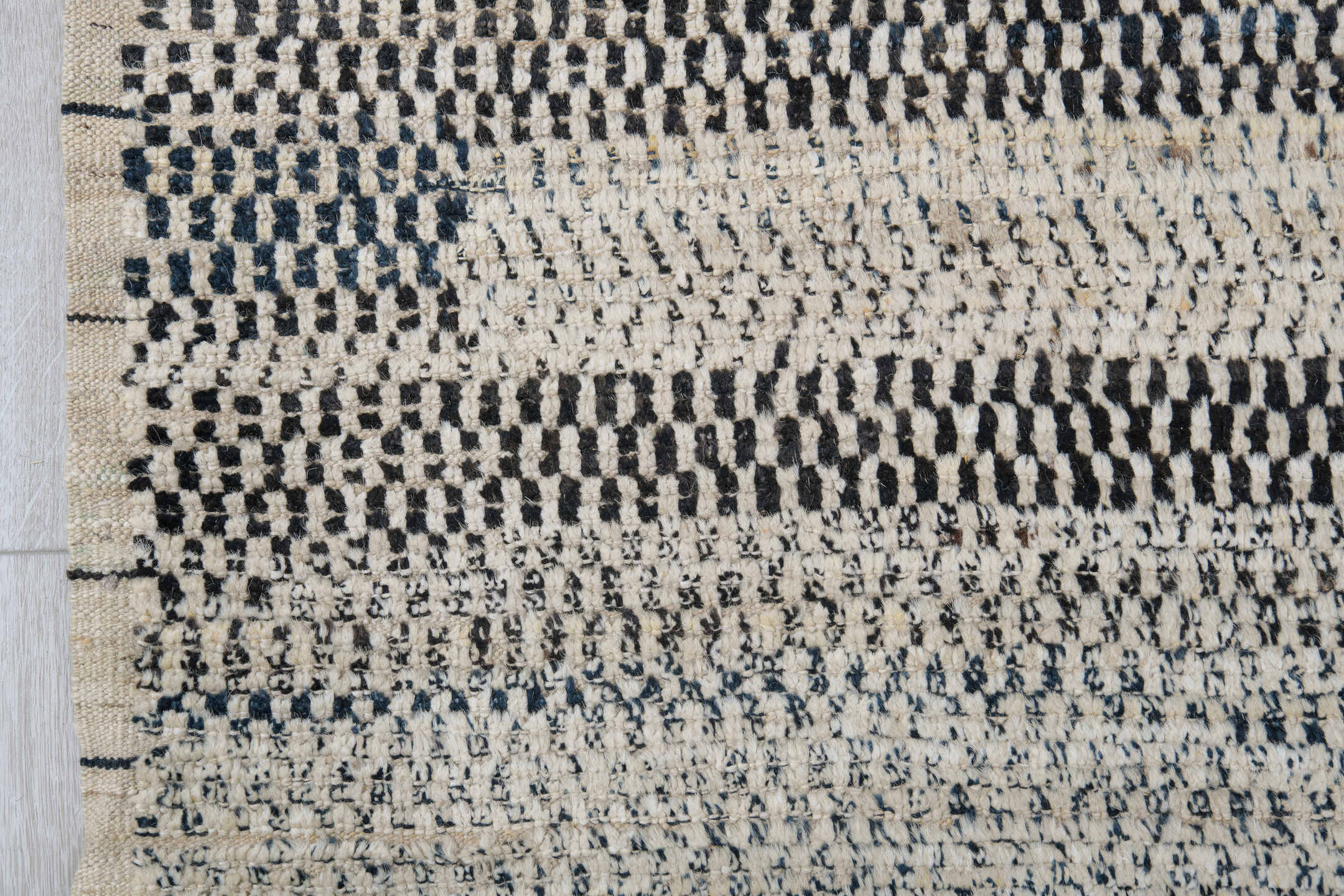9' x 12' one-of-a-kind handmade vintage Tulu large size rug. Color palette: ivory, charcoal, taupe, cream, slate, gray