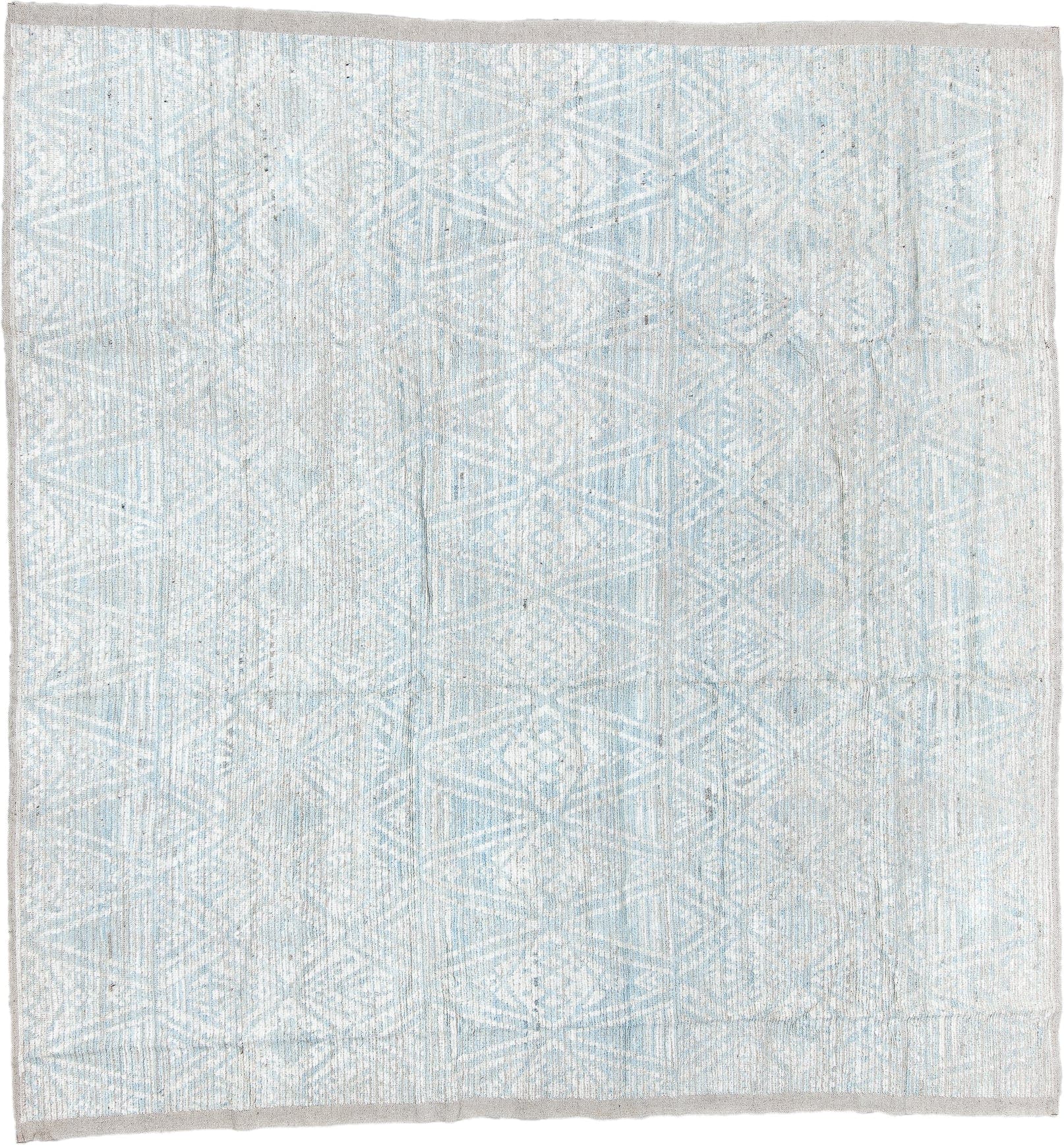 10' x 10' one-of-a-kind handmade vintage Tulu large size rug. Color palette: ivory, pale blue, cream, light gray, light blue