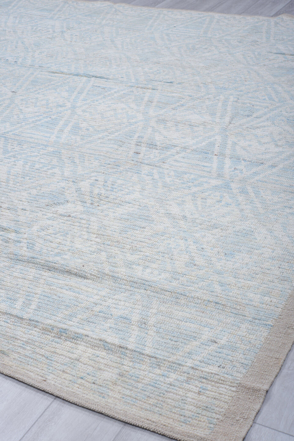 10' x 10' one-of-a-kind handmade vintage Tulu large size rug. Color palette: ivory, pale blue, cream, light gray, light blue