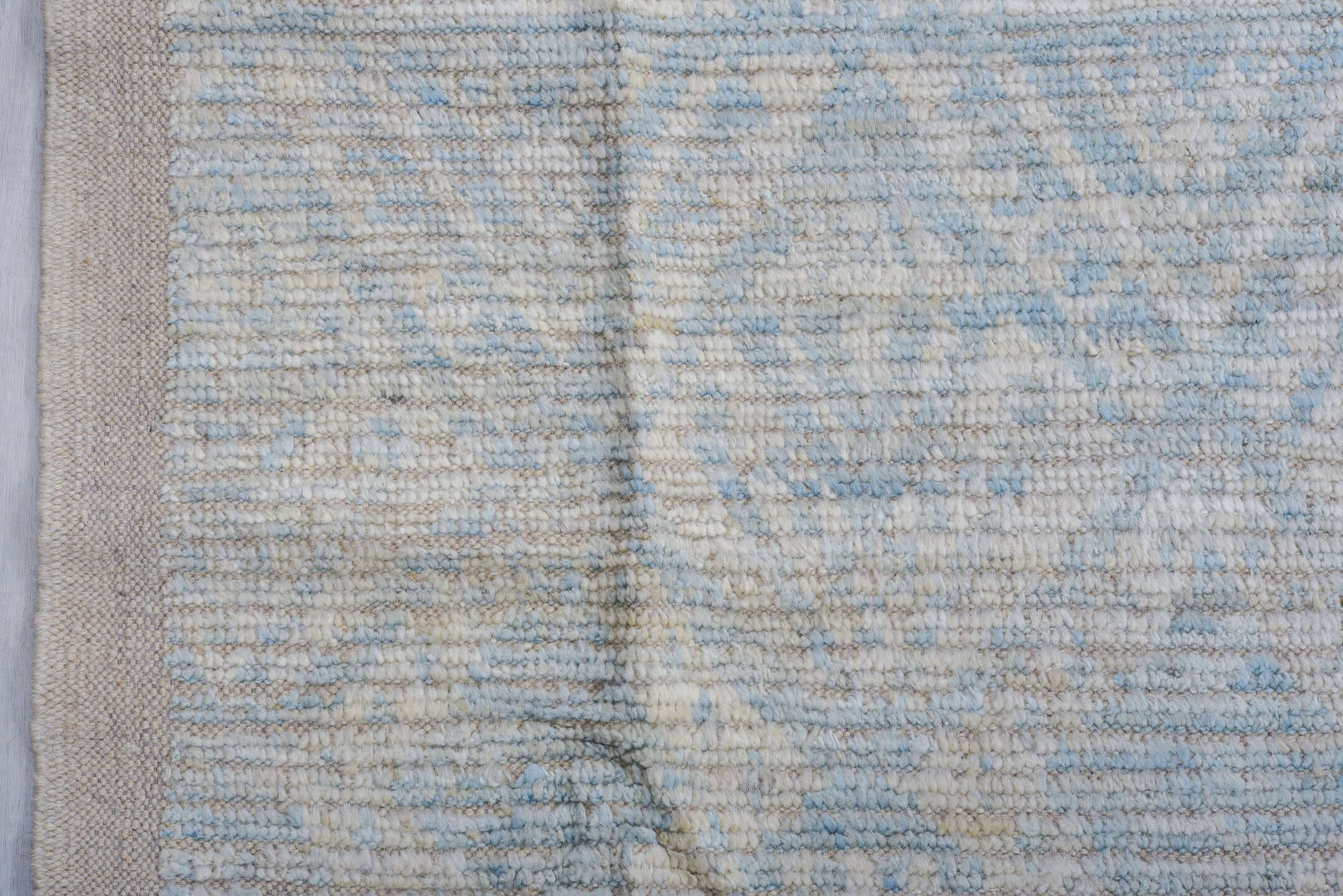 10' x 10' one-of-a-kind handmade vintage Tulu large size rug. Color palette: ivory, pale blue, cream, light gray, light blue