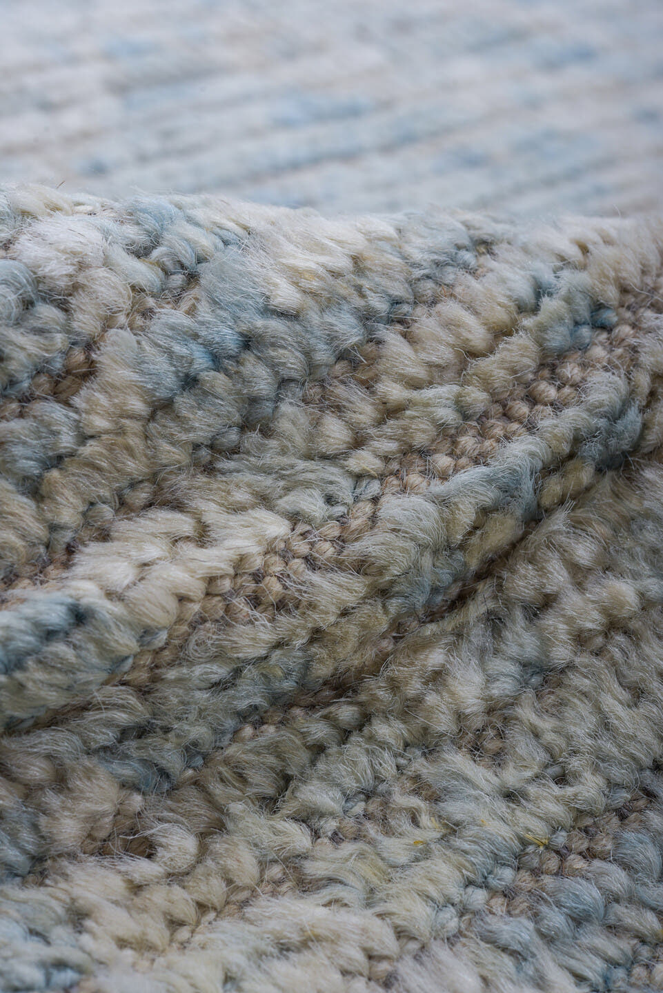 10' x 10' one-of-a-kind handmade vintage Tulu large size rug. Color palette: ivory, pale blue, cream, light gray, light blue