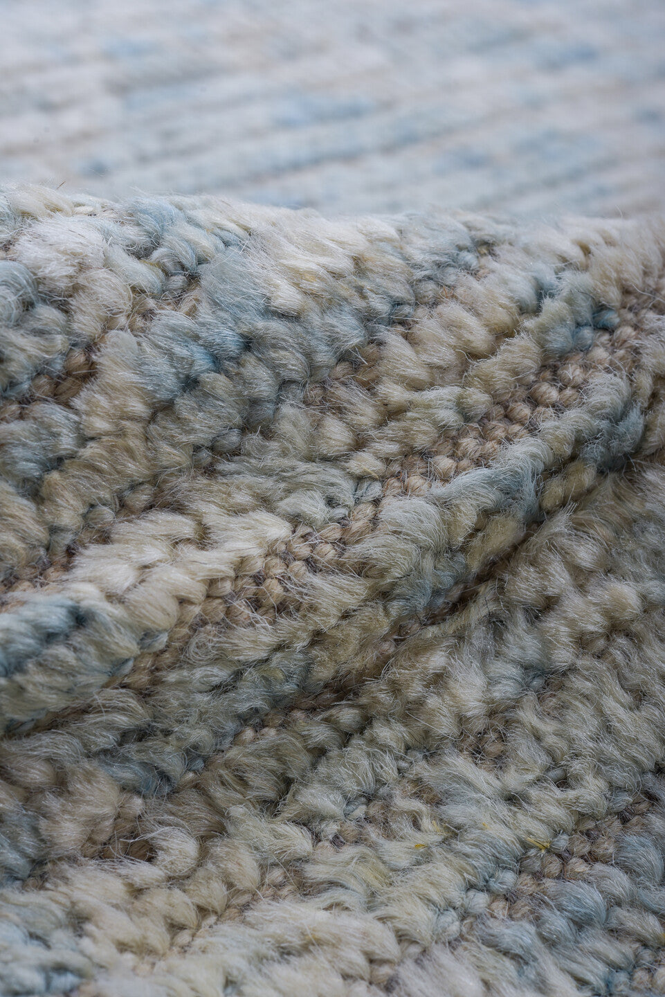 10' x 10' one-of-a-kind handmade vintage Tulu large size rug. Color palette: ivory, pale blue, cream, light gray, light blue