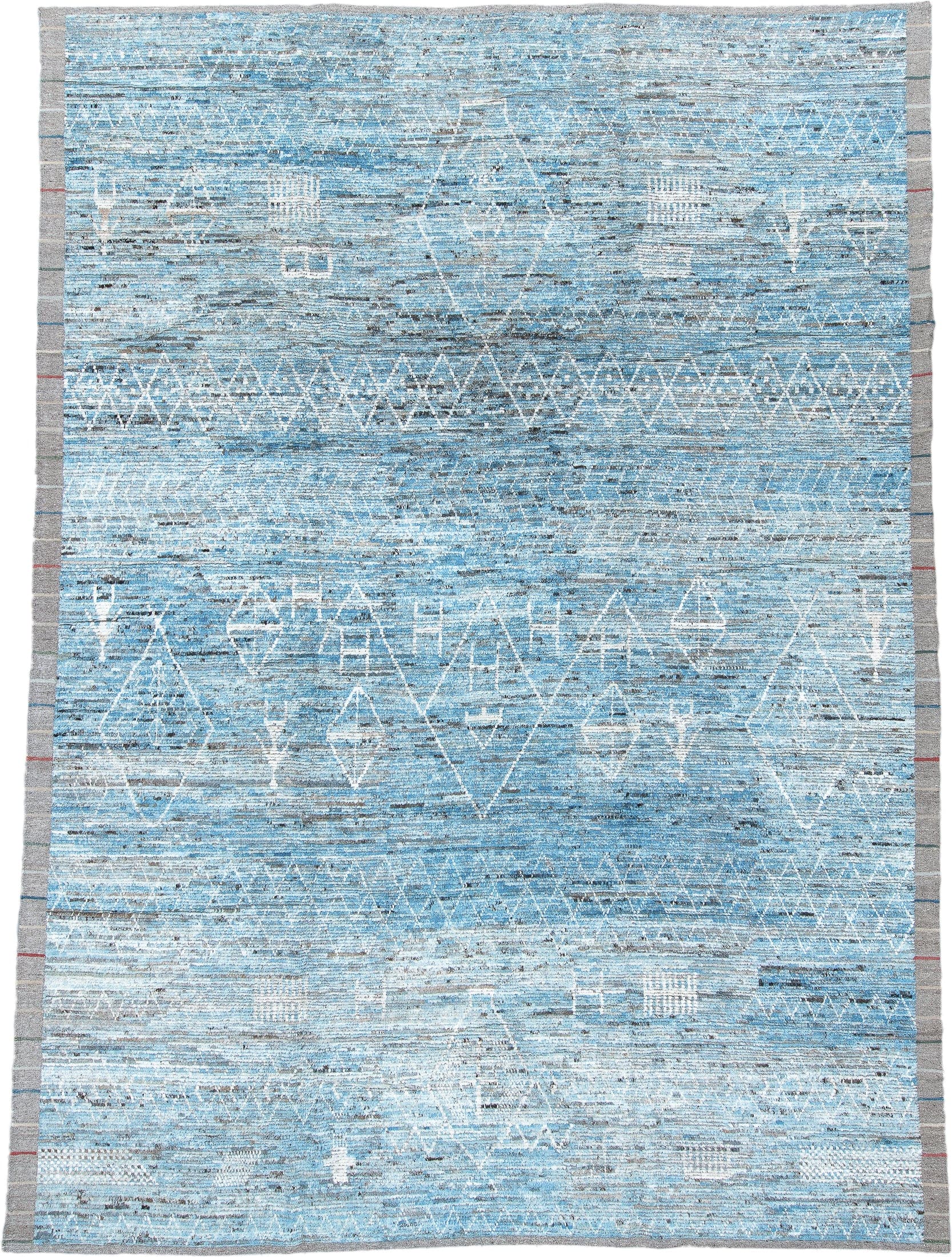 10' x 14' one-of-a-kind handmade vintage Tulu large size rug. Color palette: sky blue, ivory, gray, slate, light blue
