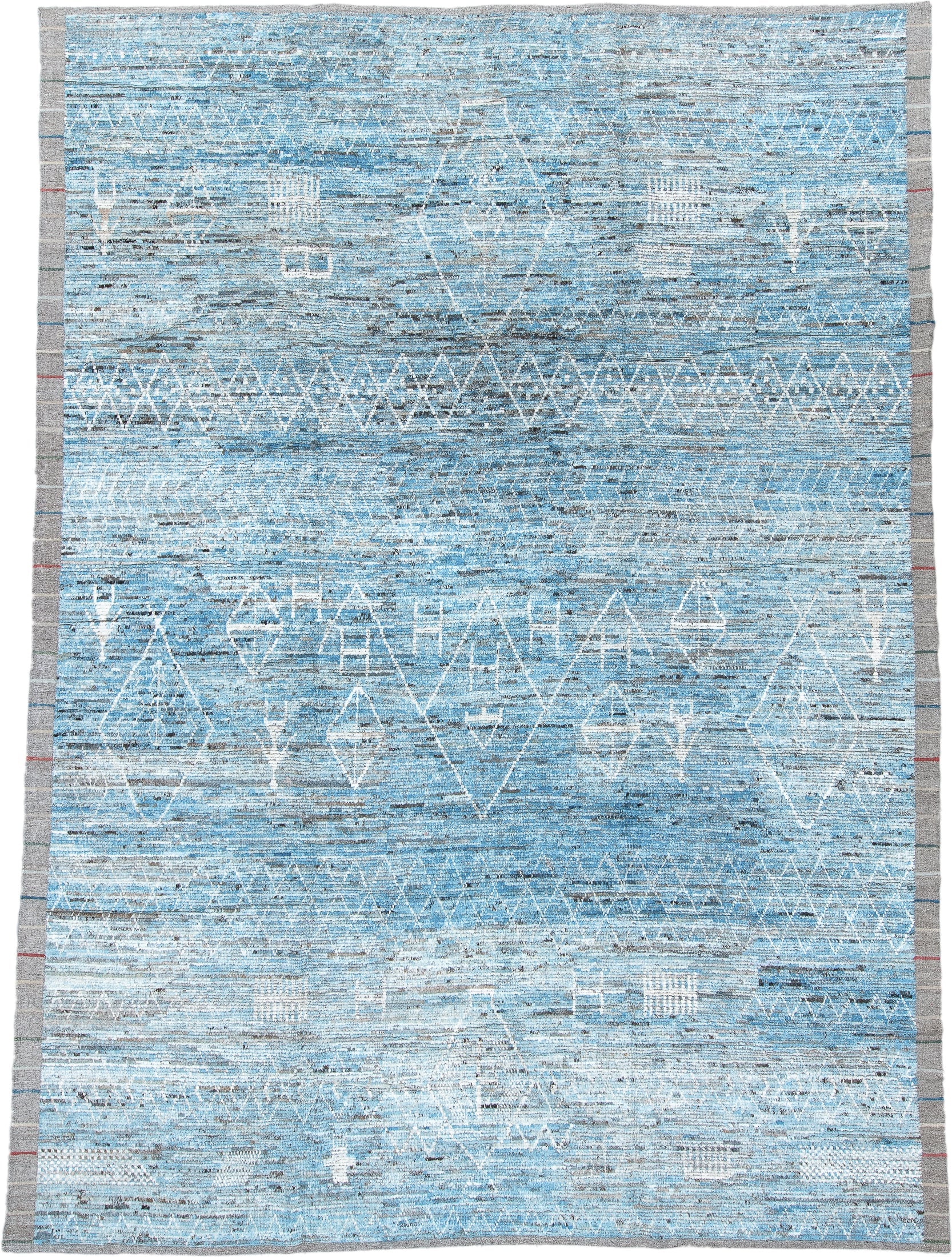 10' x 14' one-of-a-kind handmade vintage Tulu large size rug. Color palette: sky blue, ivory, gray, slate, light blue