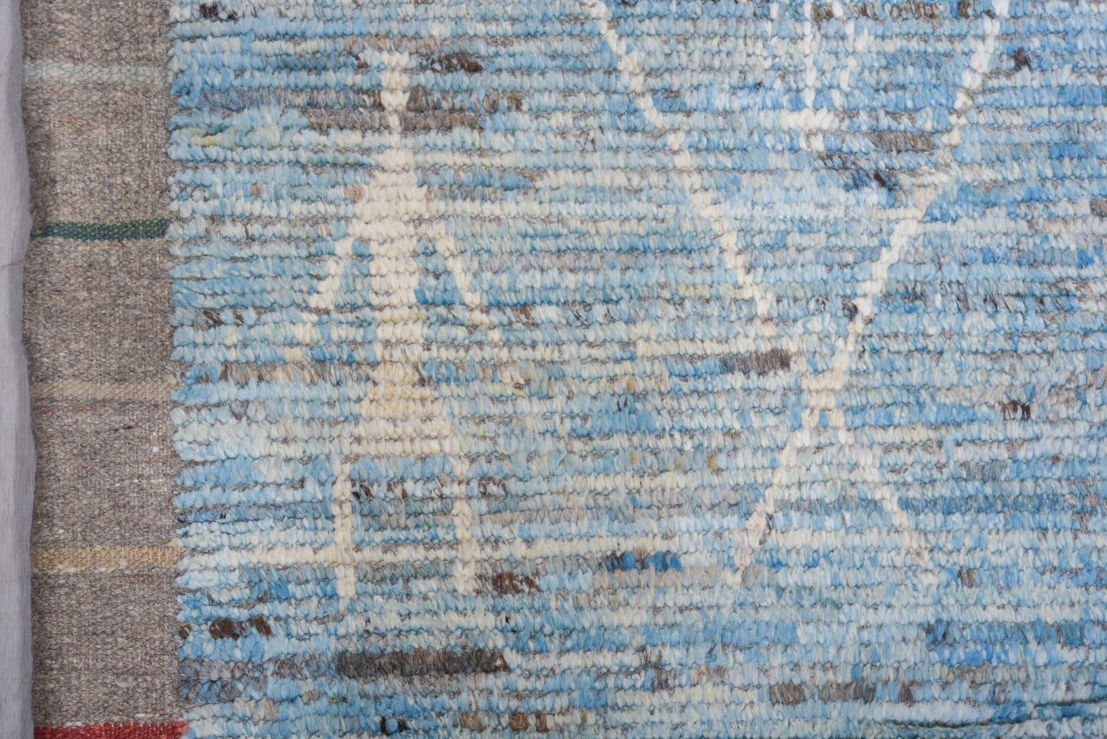 10' x 14' one-of-a-kind handmade vintage Tulu large size rug. Color palette: sky blue, ivory, gray, slate, light blue