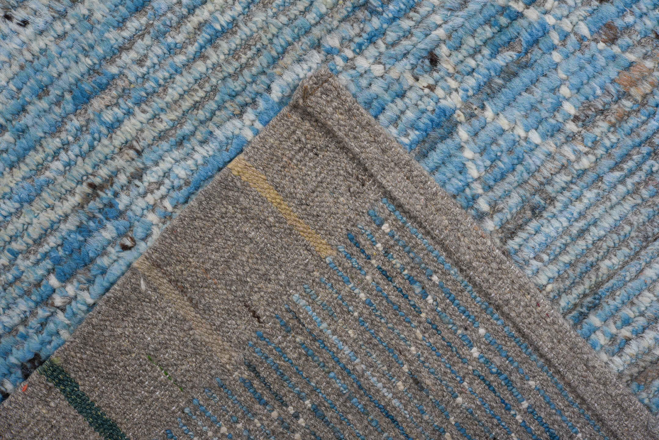 10' x 14' one-of-a-kind handmade vintage Tulu large size rug. Color palette: sky blue, ivory, gray, slate, light blue