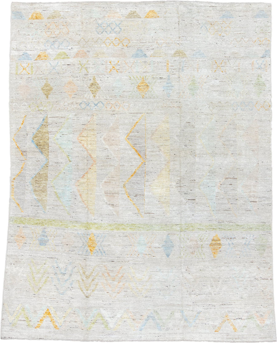 9' x 11' one-of-a-kind handmade vintage Tulu large size rug. Color palette: ivory, pale blue, soft gold, sage, peach, taupe