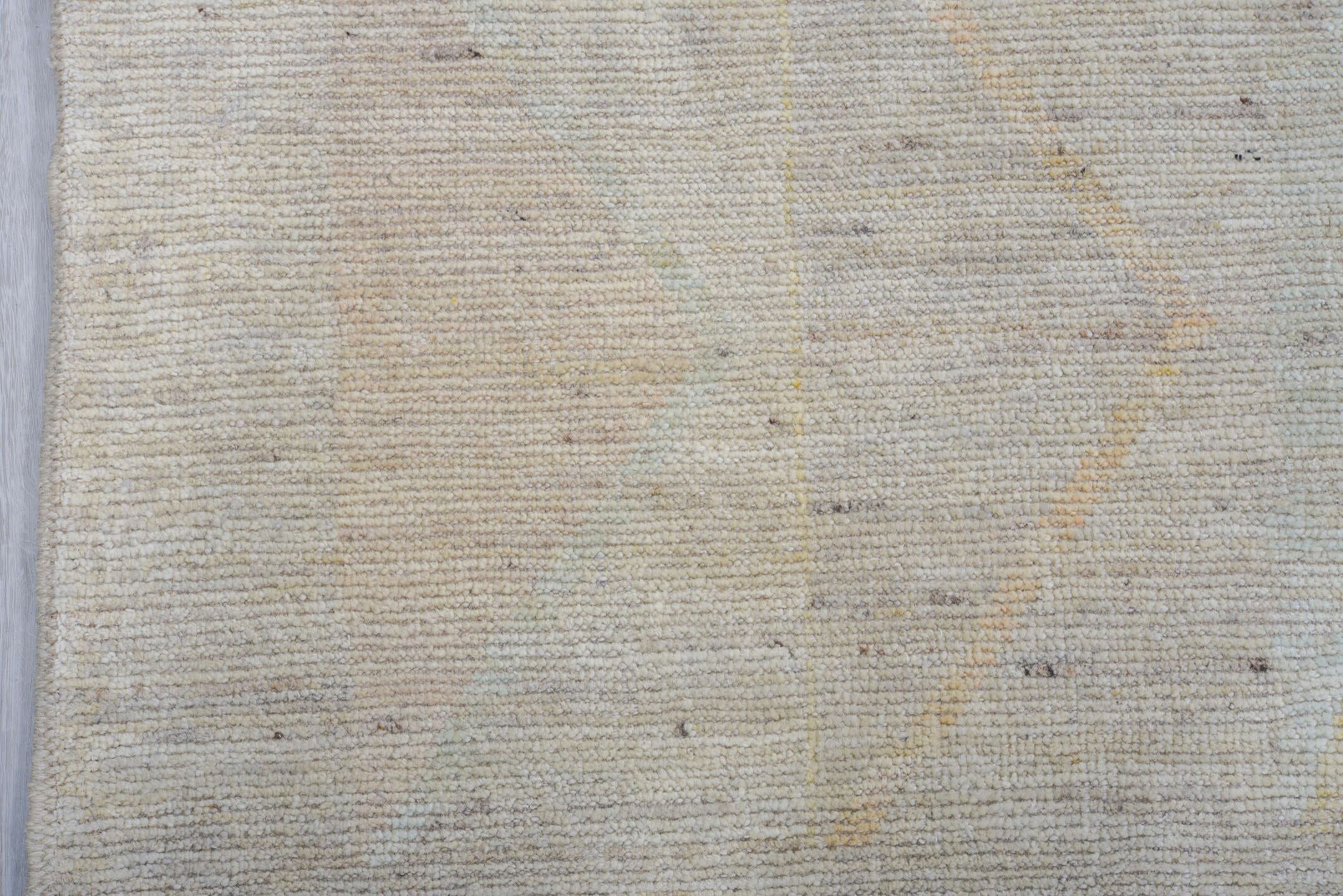 9' x 11' one-of-a-kind handmade vintage Tulu large size rug. Color palette: ivory, pale blue, soft gold, sage, peach, taupe