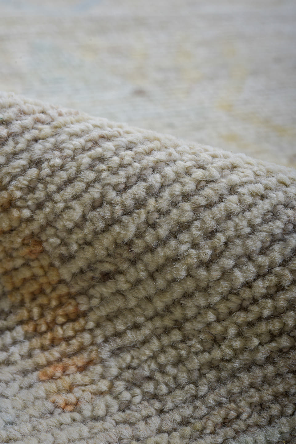 9' x 11' one-of-a-kind handmade vintage Tulu large size rug. Color palette: ivory, pale blue, soft gold, sage, peach, taupe