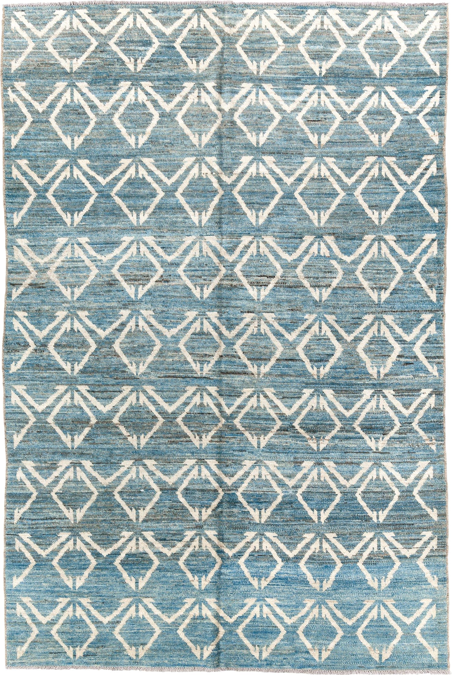 6' x 9' one-of-a-kind handmade vintage Tulu medium size rug. Color palette: sky blue, ivory, slate, cream, light blue, gray
